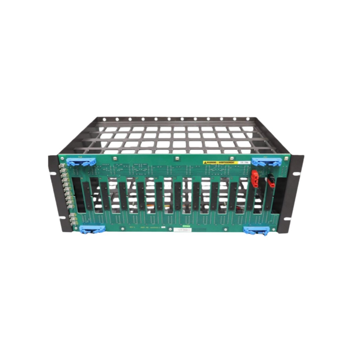 ABB IEMMU11 module mounting unit with 12 slots, 150W power capacity, 3 cooling fans, and redundant 24V inputs for industrial racks.