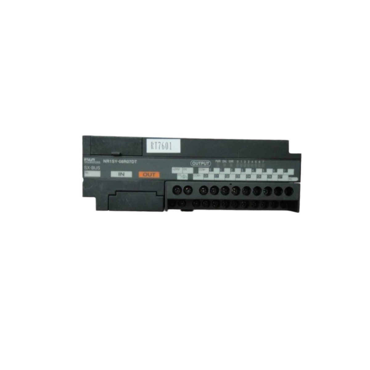 Fuji NR1LY-08R07DT digital I/O module for MICREX-F. 4 inputs, 4 outputs, 24V DC, 0.7A per output, short-circuit protection. Combo I/O module with CE, UL.