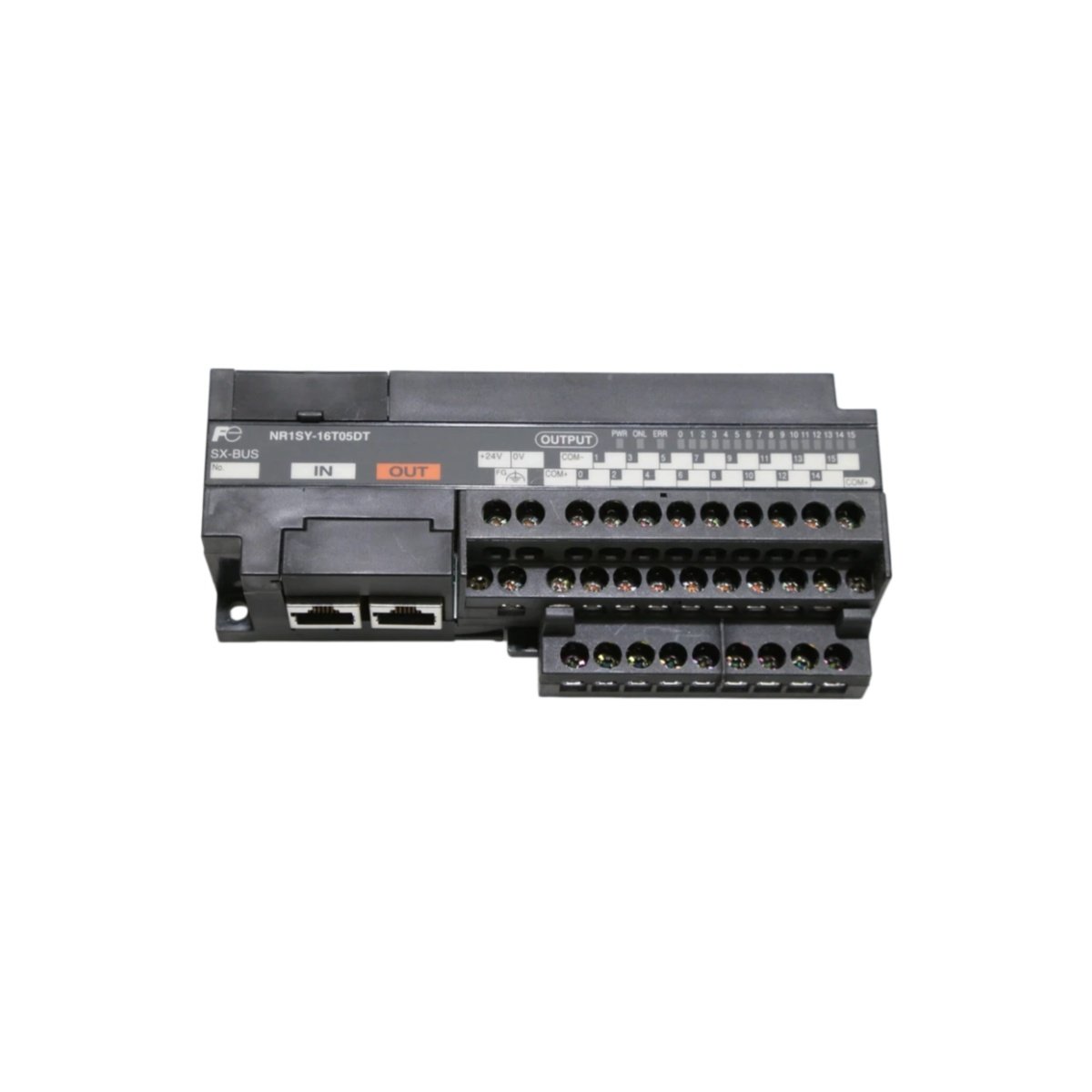 Fuji NR1SY-16T05DT I/O terminal offers 16 points, 24 VDC, 0.5 A outputs, spring-clamp wiring for MICREX-SX. Compact industrial I/O interface. 