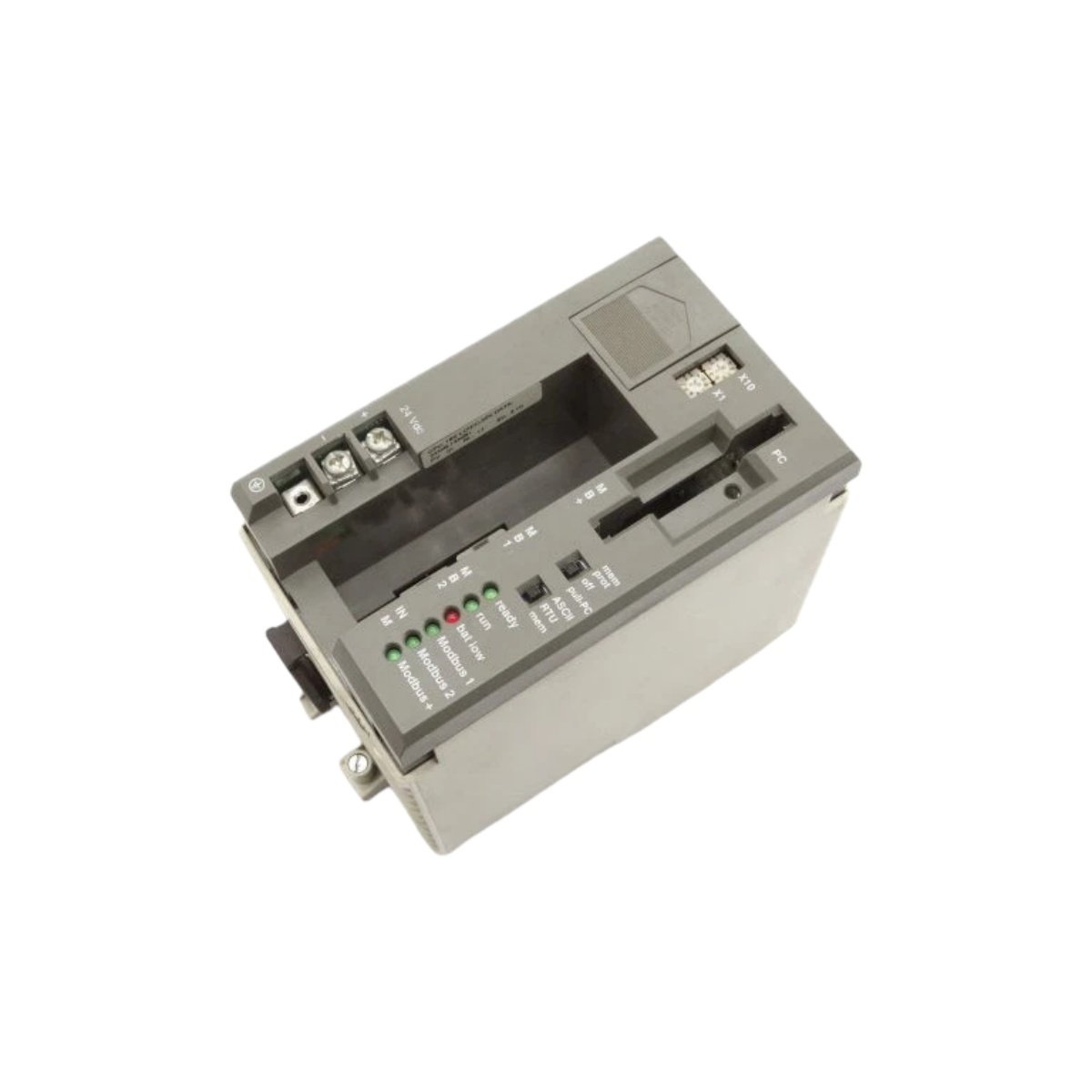 Schneider PCE984255 CPU Module with industrial PLC processing, compact rack design, stable communication interfaces, and detailed