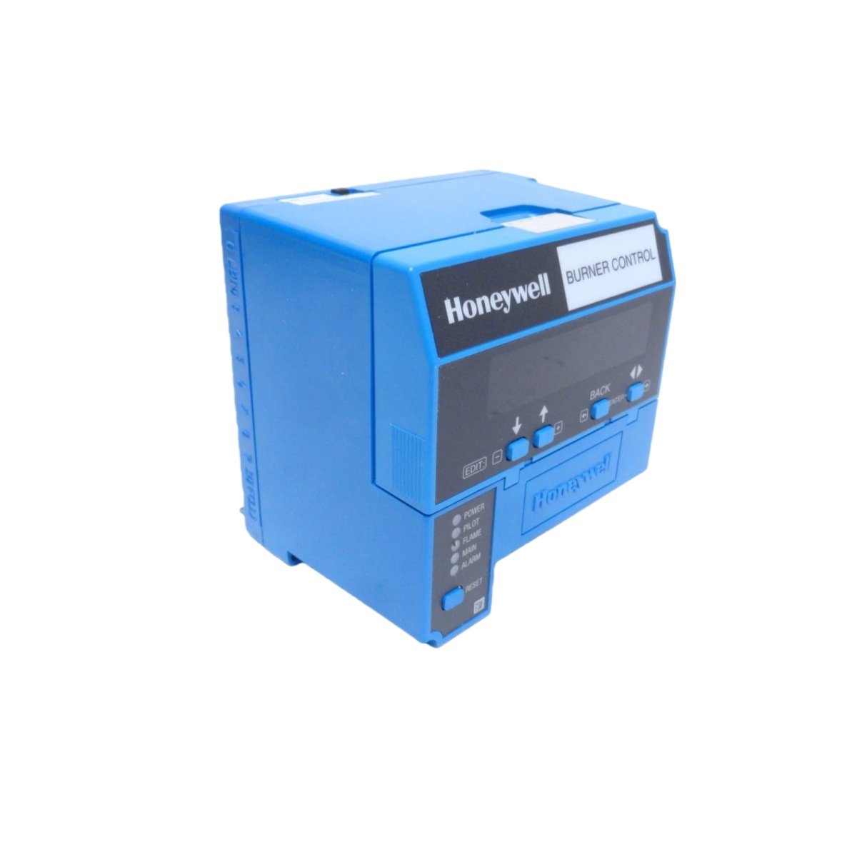 Honeywell RM7800L1053 programming burner control for single-burner systems. Features 120VAC, interrupted pilot, and selectable flame timing