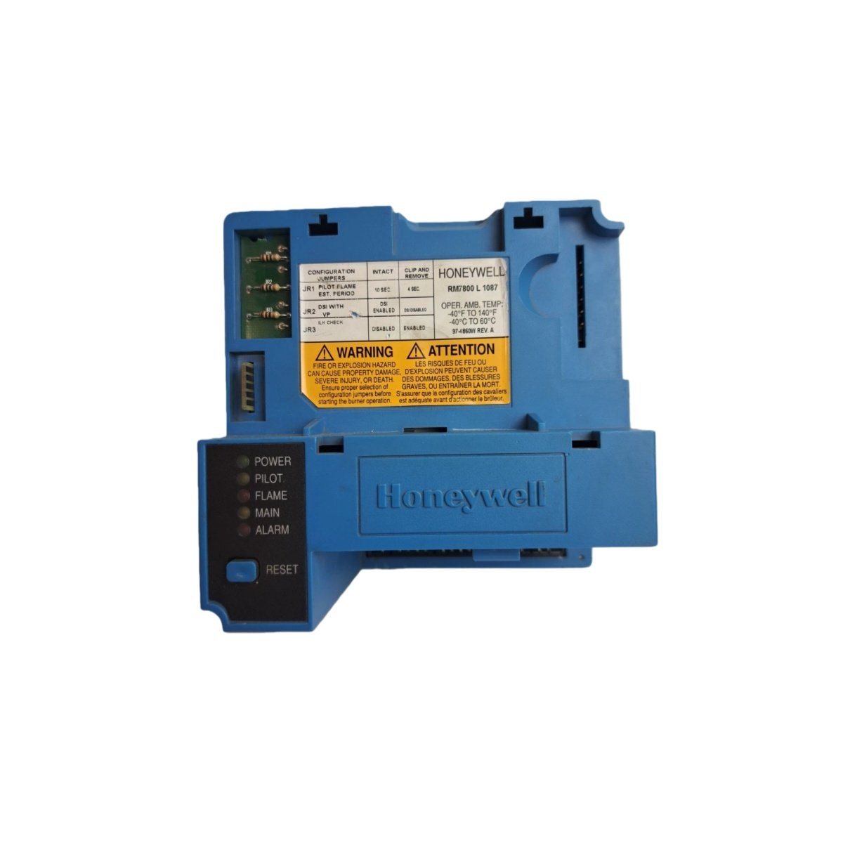 Honeywell RM7800L1087 VFD display module, 120Vac, 50/60Hz, nonvolatile memory, diagnostics, Run/Test switch for 7800 burner relay.