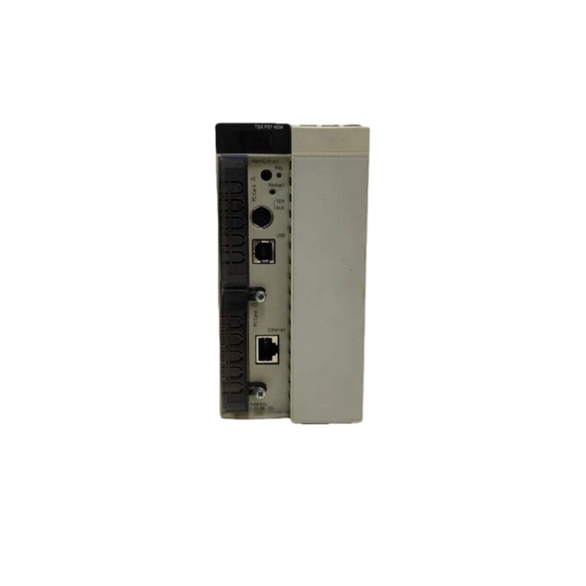Schneider TSXP574634 Unity Processor for Modicon Premium PLC. 160MHz 32-bit RISC, 4MB RAM, 3MB flash, supercapacitor backup, Ethernet, RS-232, RS-485. Supports Modbus TCP, EtherNet/IP, UNI-TE. 0.80kg, 65x130x140mm. IEC 61131-3 compliant