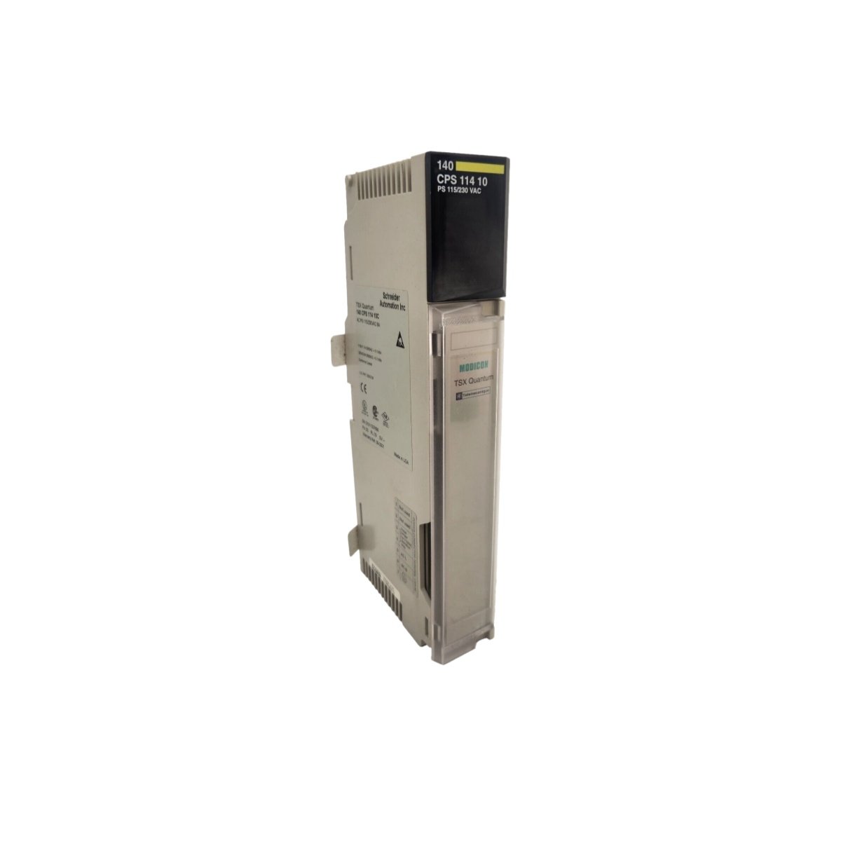 The Schneider 140CPS11410 power supply module delivers 8A, 115/230VAC input, and 90% efficiency for Modicon Quantum PLC systems.