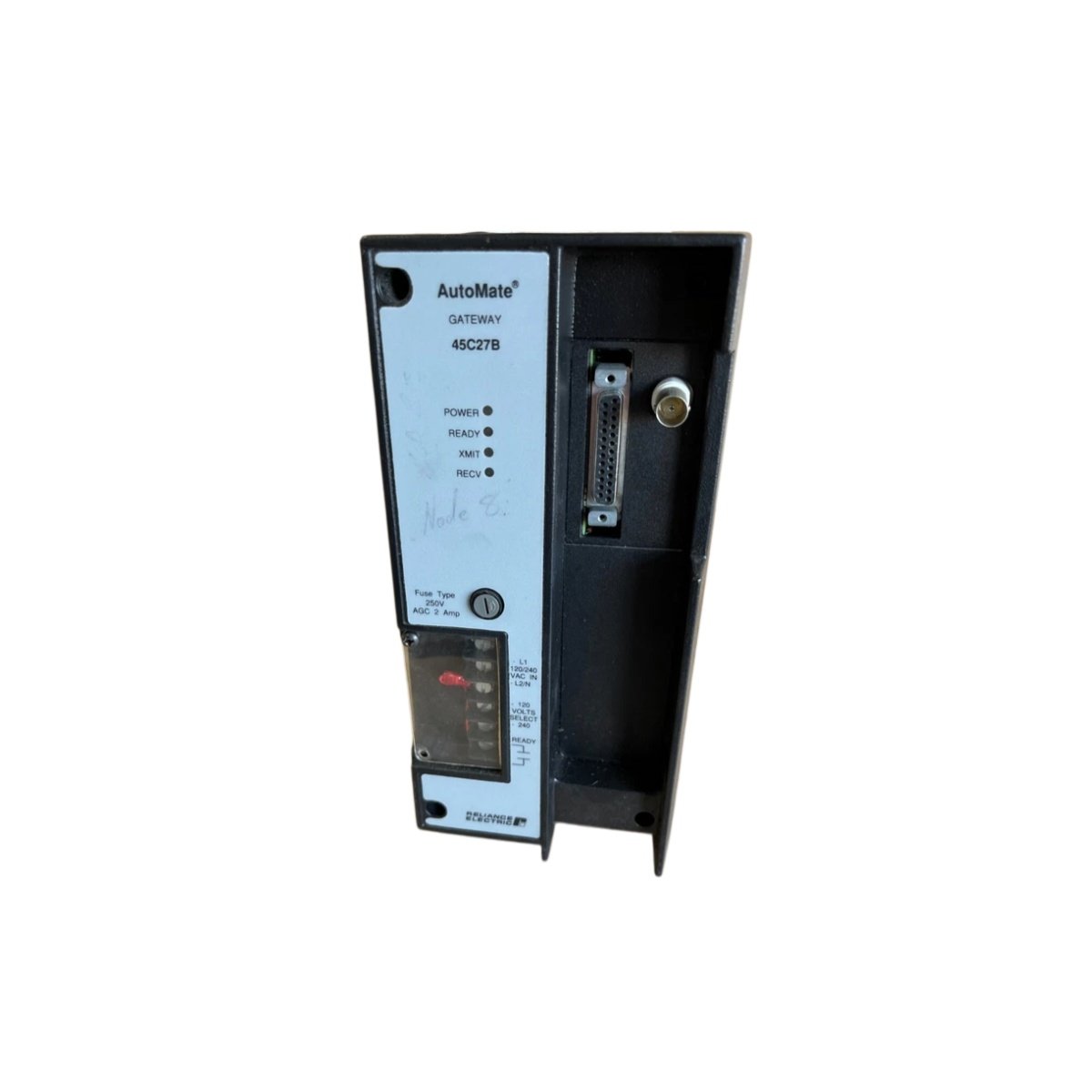 Reliance Electric 45C27B R-Net gateway fuse head with 5×20 mm cartridge holder, 10 A rating, and transparent status window. Rugged thermoplastic housing for panels.