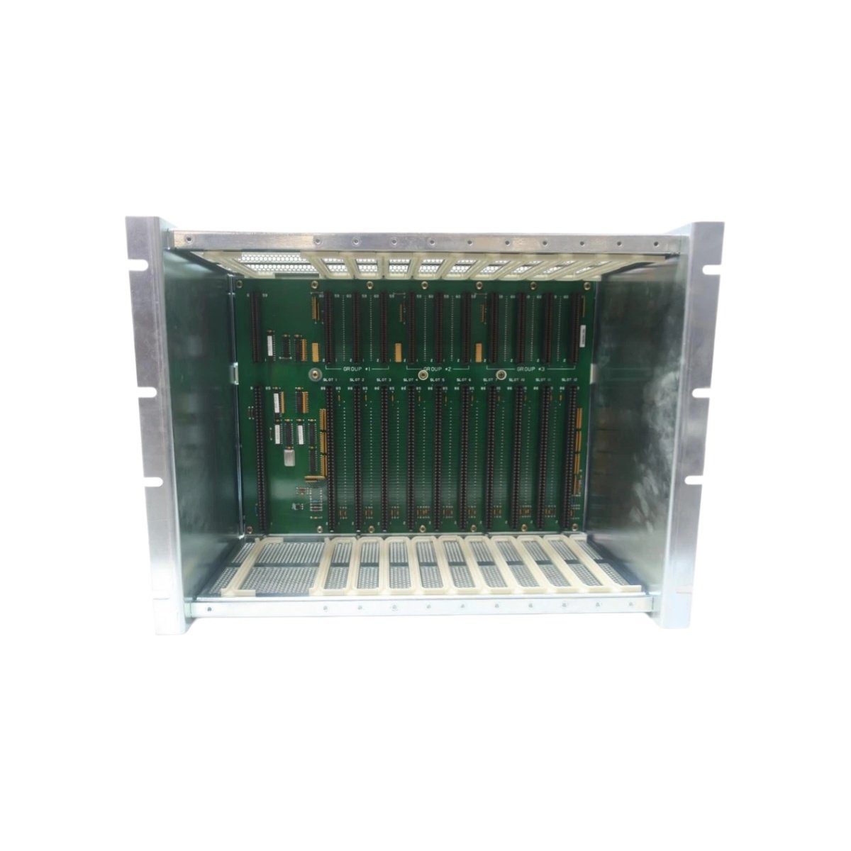 Reliance Electric 45C314 card rack, 12 universal slots, 19-inch 6U rack, passive backplane, 96-pin connectors, multiple voltage distribution for Reliance I/O systems. 