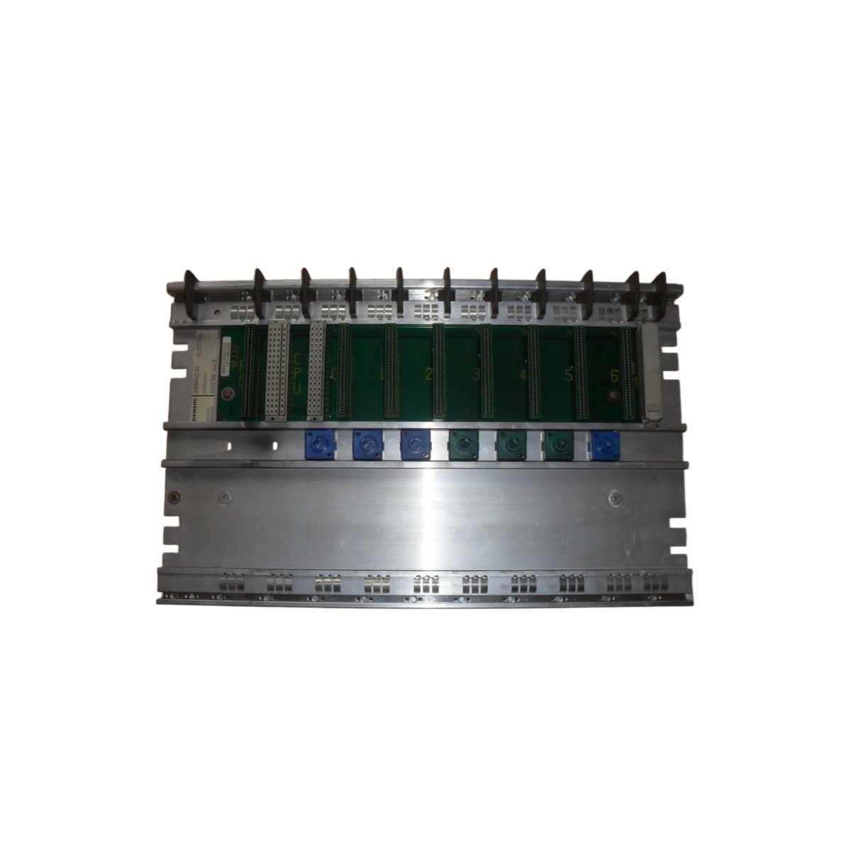 Siemens 6ES5700-0LA11 central mounting rack, 12 slots for S5 PLC modules. Passive backplane, 8A capacity, industrial chassis.