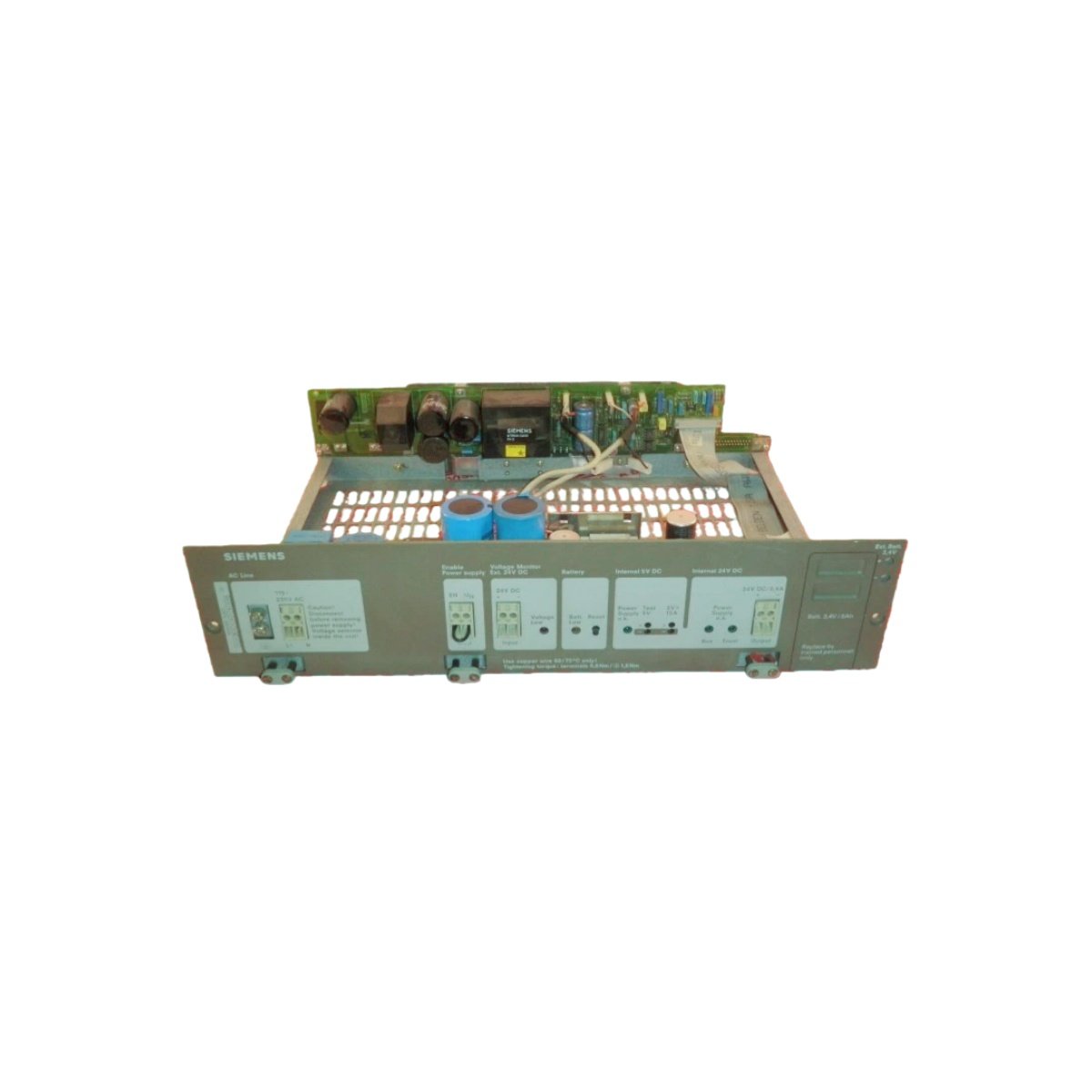 Siemens 6ES5955-5LB11 power supply for S5 PLC. 120/230V AC input, 5V/5A and 24V/1A outputs, 2200µF buffer. Reliable industrial power.
