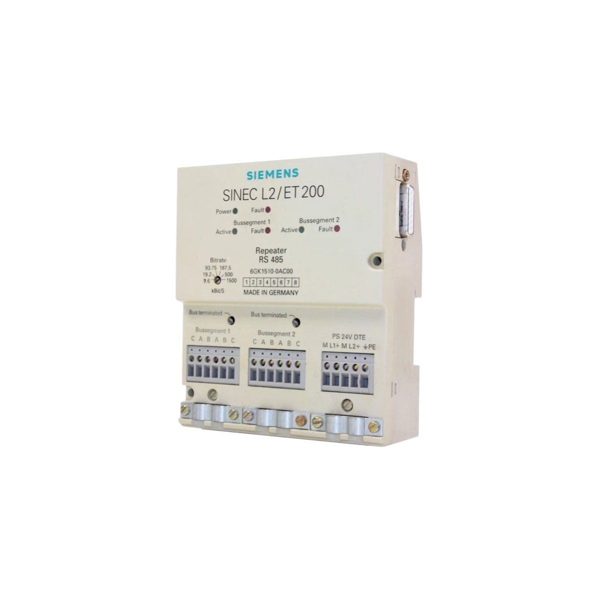Siemens 6GK1510-0AC00 repeater module for PROFIBUS DP, 12 Mbps, isolated segments, 24V DC. Reliable network signal regeneration.