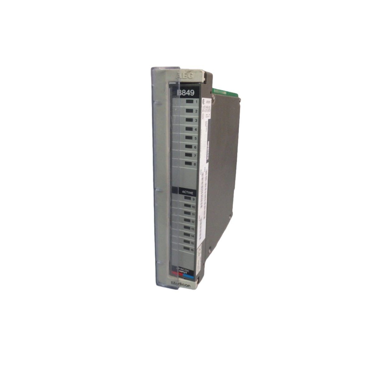 Schneider ASB849016 versatile input module, 8 channels, analog voltage/current, digital, 12-bit. Flexible mixed-signal I/O for Modicon PLCs.