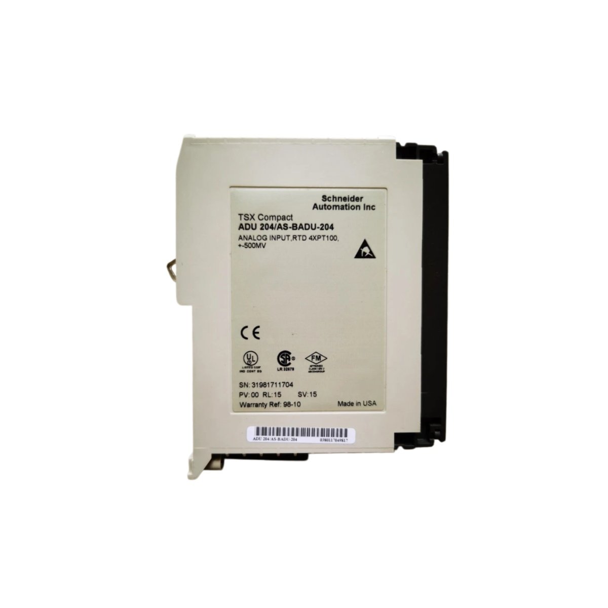 Schneider ASBADU204 Analog Input Module. 4 isolated channels, 16-bit resolution, ±0.1% accuracy, Modicon M340. Precise field measurement.