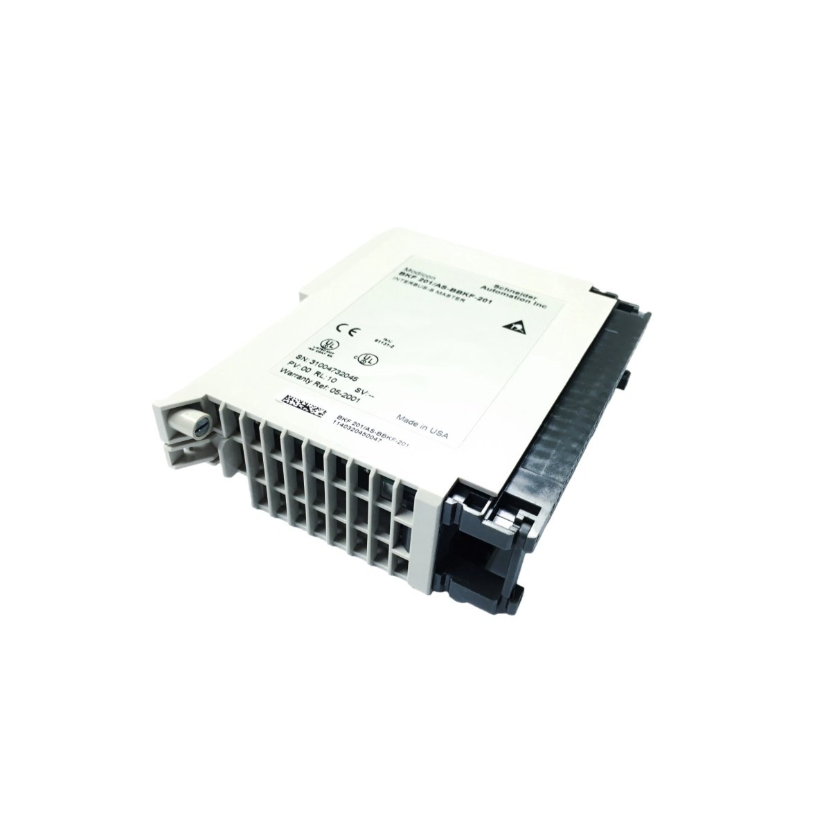 Schneider ASBBKF202 I/O module with 8 digital inputs and 8 transistor outputs at 24V DC, 0.5A, 0.35 kg weight, for Advantys STB distributed systems.