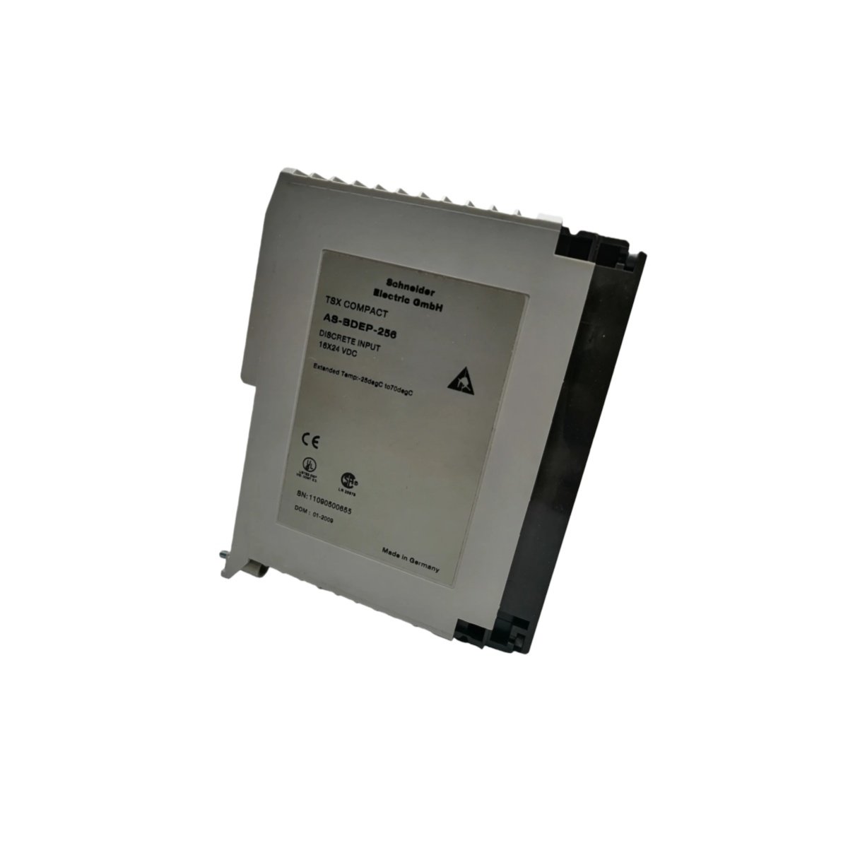 Schneider ASBDNP255 I/O communication module with RS-485 Modbus, 256 discrete I/O points, 4KB SRAM, and 115.2 kbps baud rate for distributed control.