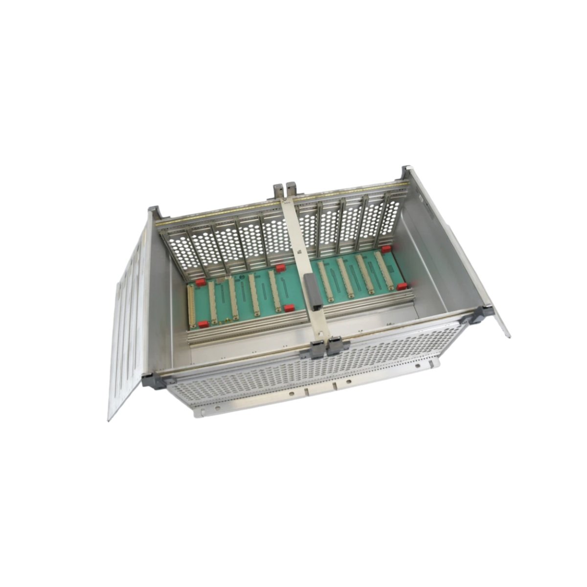Schneider DTA 103 secondary subrack with 6 slots, 19-inch rack mounting, 2.5 kg weight, and direct primary rack connectivity for modular PLC systems.