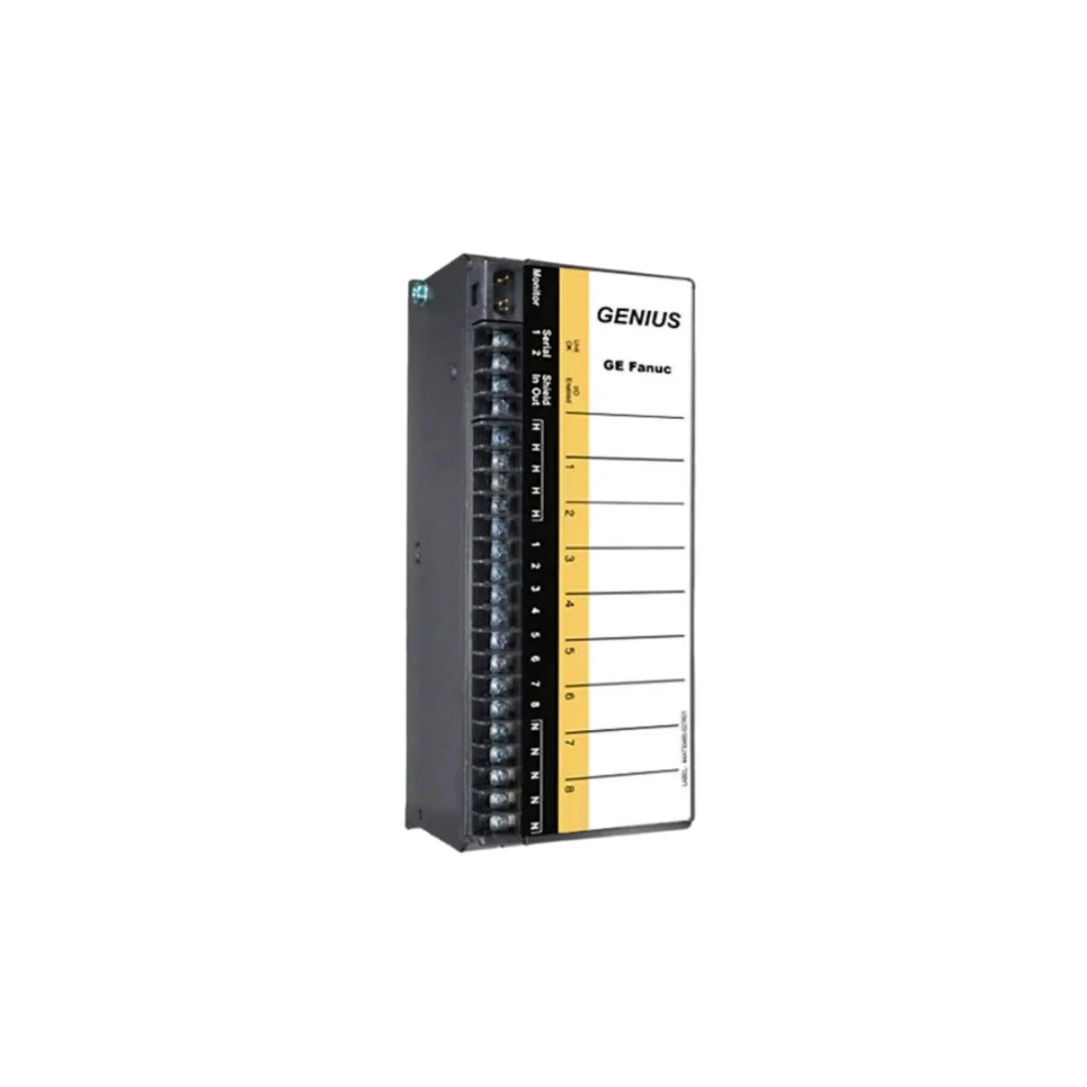 GE IC660BBS103 discrete I/O block, 8 configurable points, 2A per output, 24 VDC, Genius bus, 0.45 kg, diagnostic-ready.Genius Discrete Configurable Module