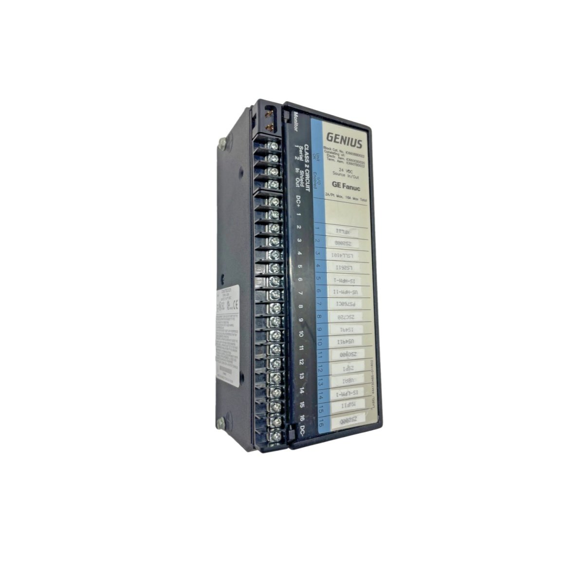 GE IC660TBD022 terminal assembly for Genius I/O systems. 20 screw terminals, 10A, 250V, DIN-rail mount. Compact 11.2 x 8.9 cm design.