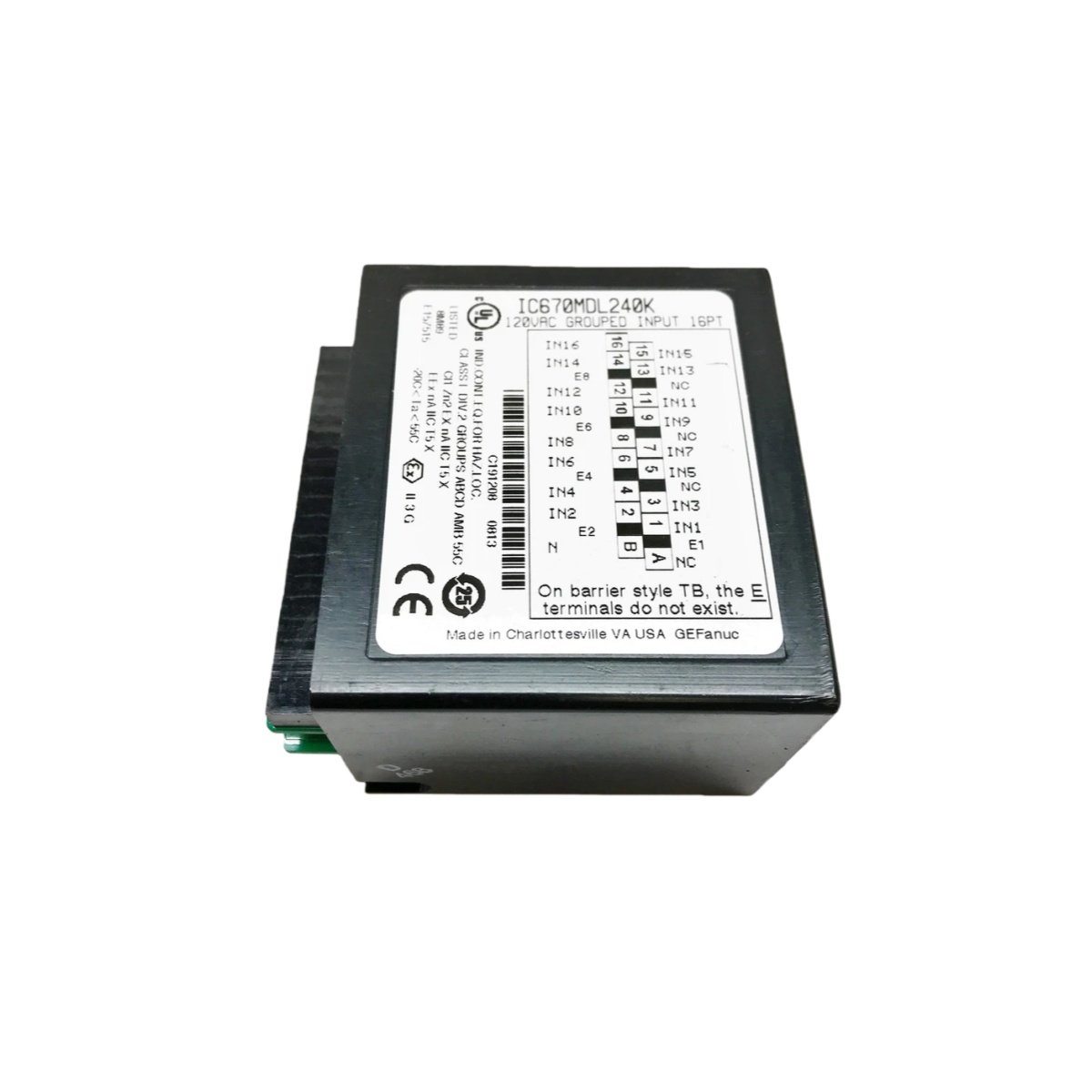 GE IC670MDL240 Grouped Input Module with 16 discrete 24VDC channels, 2ms response, isolated banks, removable terminal block, and LED status for Field Control systems. 