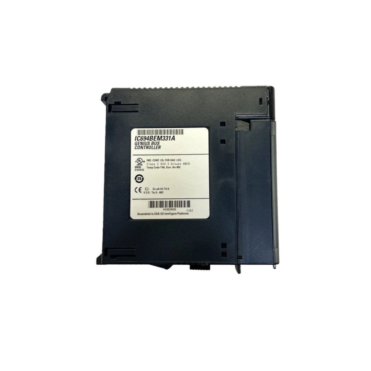 GE IC694BEM331 Genius Bus controller module with 153.6 kbps, 32 nodes, 5 ms scan time, and diagnostic interface for GE Fanuc PLC systems.