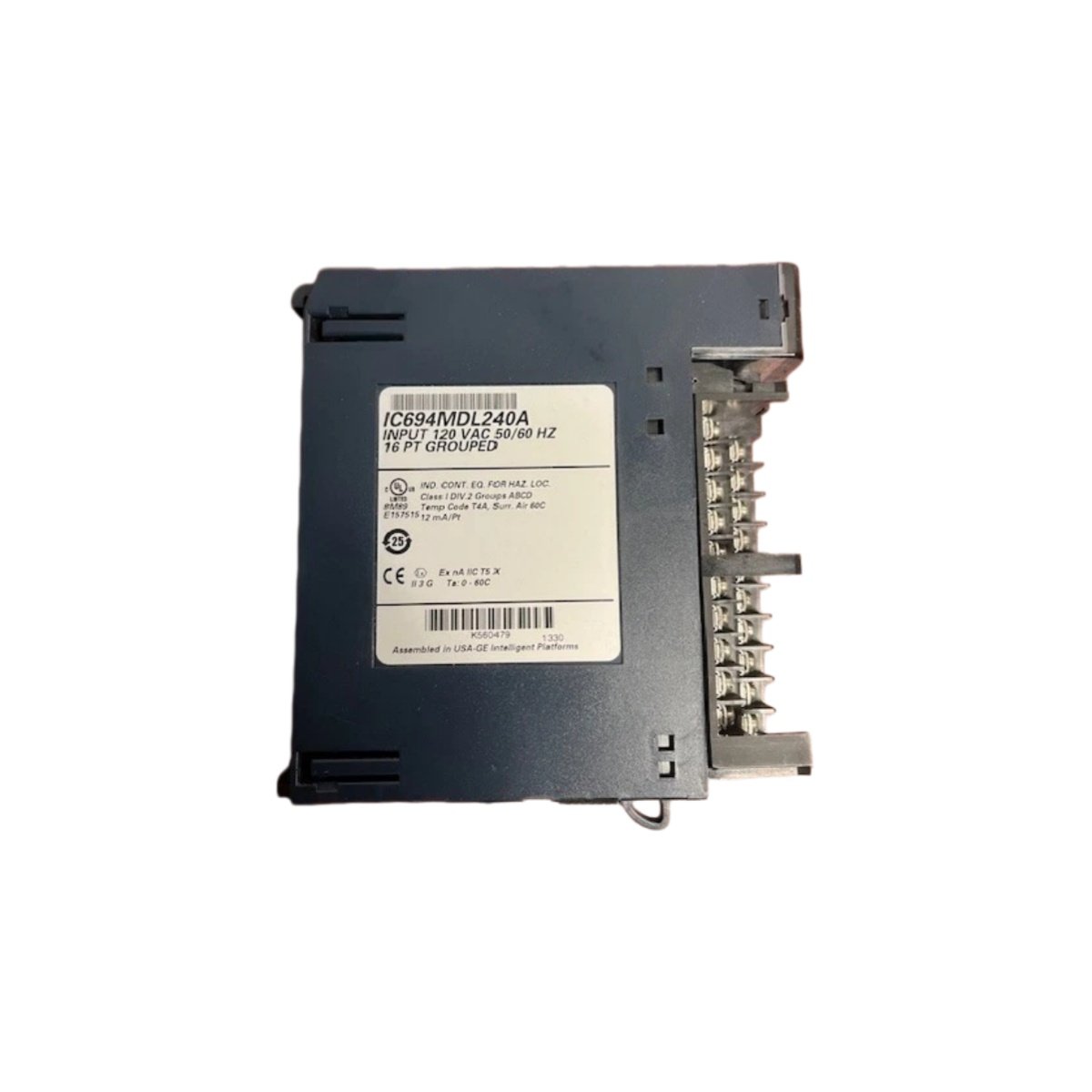 GE IC694MDL240 8-channel AC input module for PACSystems RX3i. Accepts 100-240VAC, 47-63Hz, 2500V isolation, selectable filter, UL/CE certified