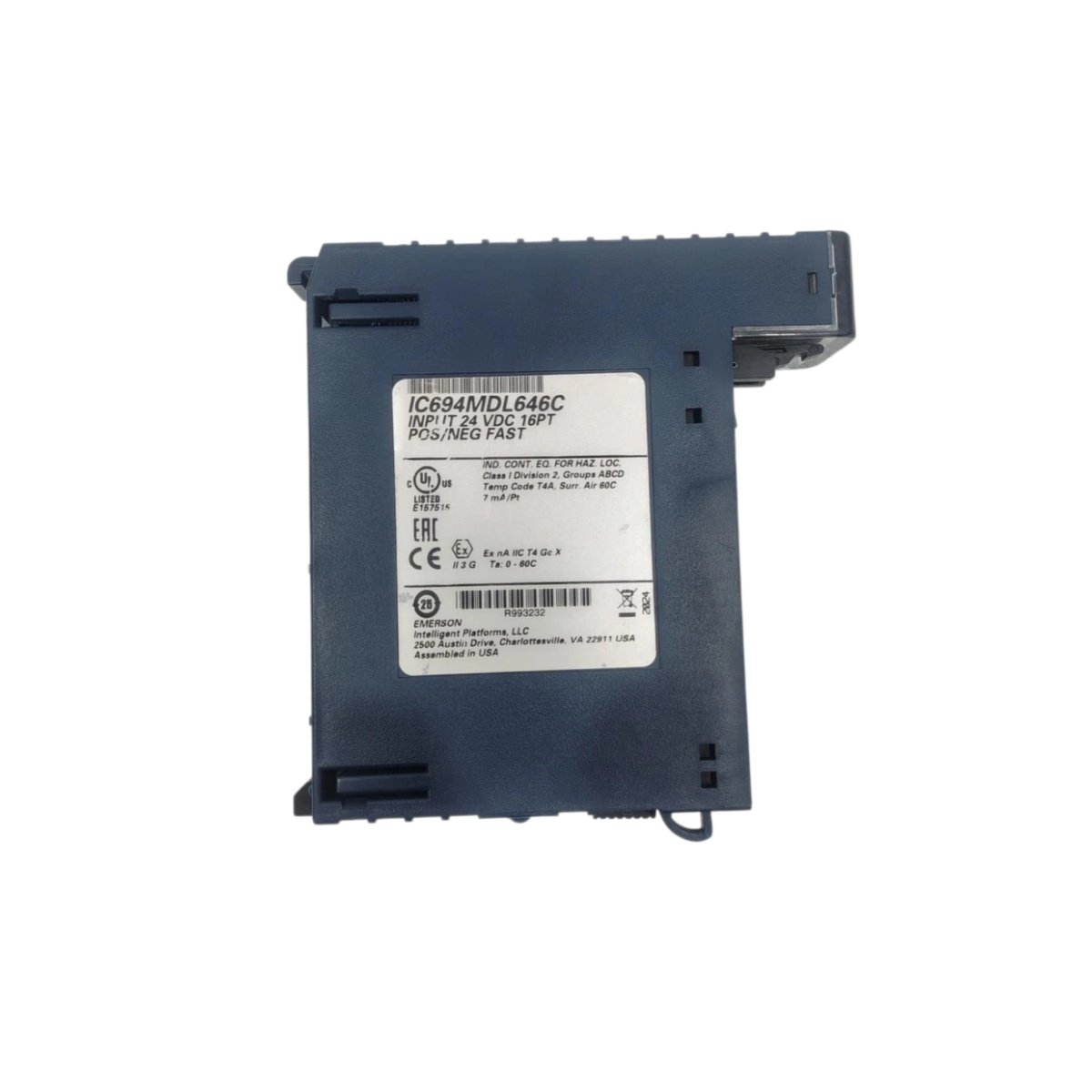 GE IC694MDL646 16-point 24VDC input module for PACSystems RX3i. 1ms response, pos/neg logic, optical isolation, hot-swappable, UL/CSA certified.