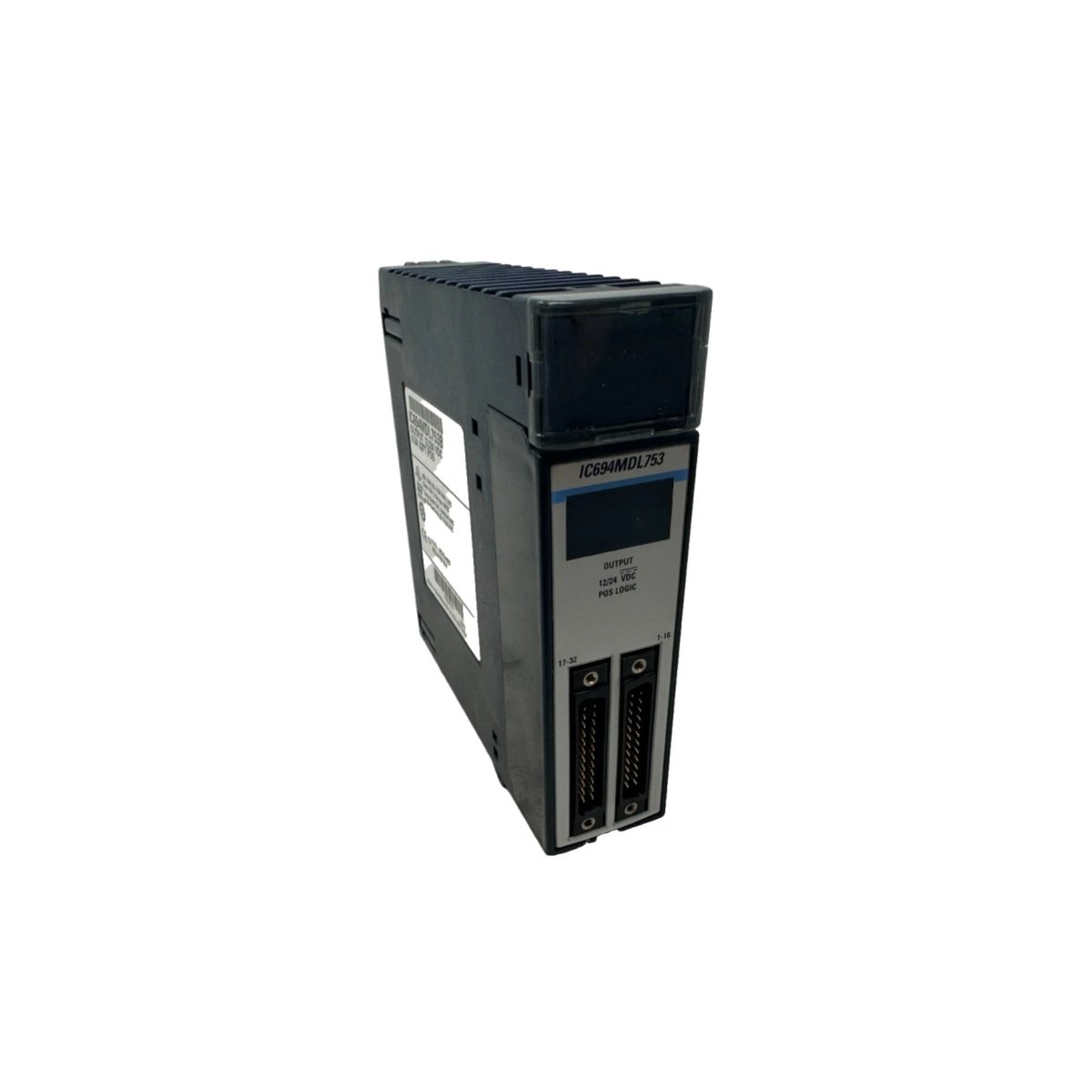 GE IC694MDL753 16-point positive logic DC output. 0.5 A per point, 1 ms response, 150 mA. 0.35 kg. RX3i PLC output module.
