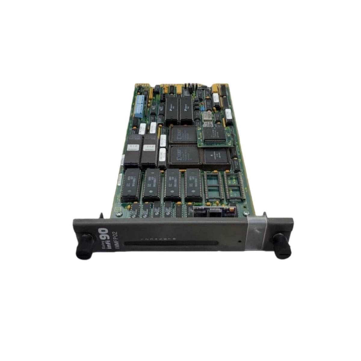 ABB IMMFP02 multi-function processor module with 48 MHz CPU, 16 MB DRAM, battery-backed SRAM, RS-232/RS-485, and 24 I/O channels for DCS.