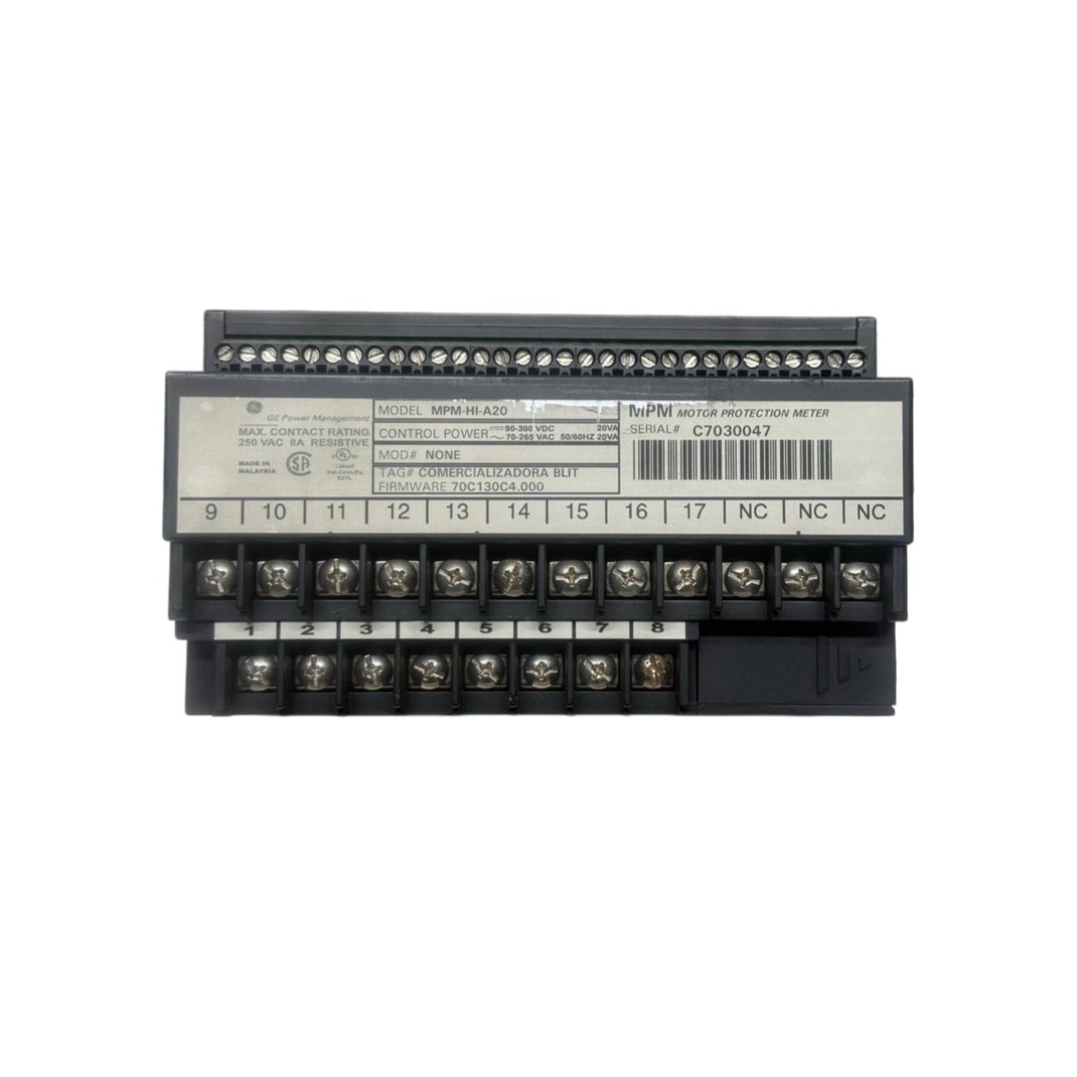 GE MPM-HI-A20 motor protection meter with 20A current range, 100-690VAC, ground fault detection, RS-485 Modbus. Reliable motor safeguarding.
