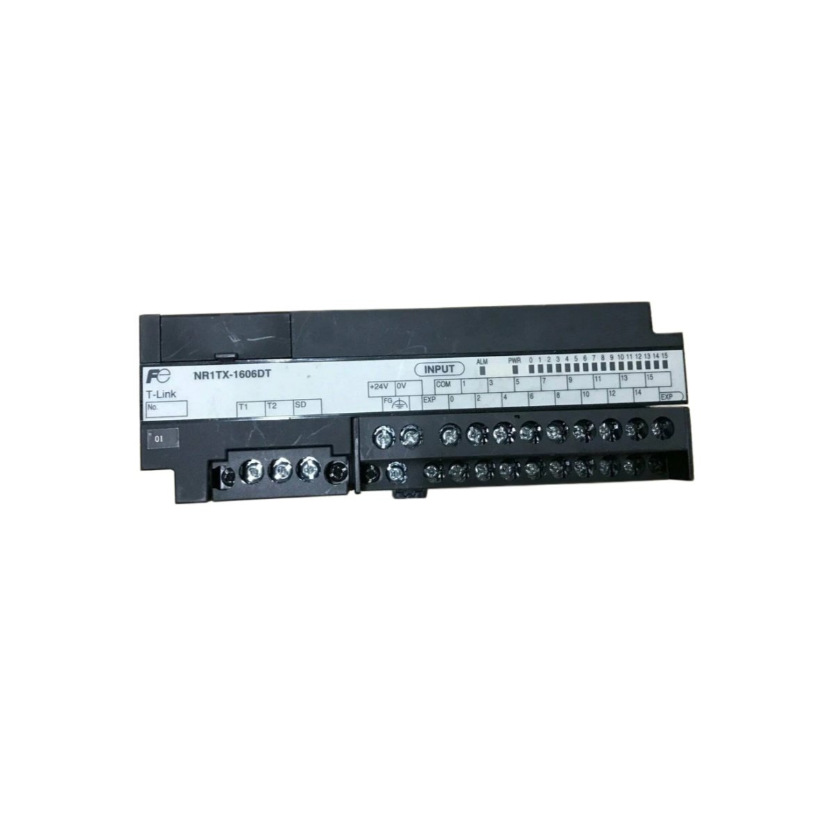 Fuji NR1TX-1606DT PLC input module, 16 digital inputs, 24V DC, 2ms response time, DIN-rail mount, 0.22 kg, with individual channel status LEDs.