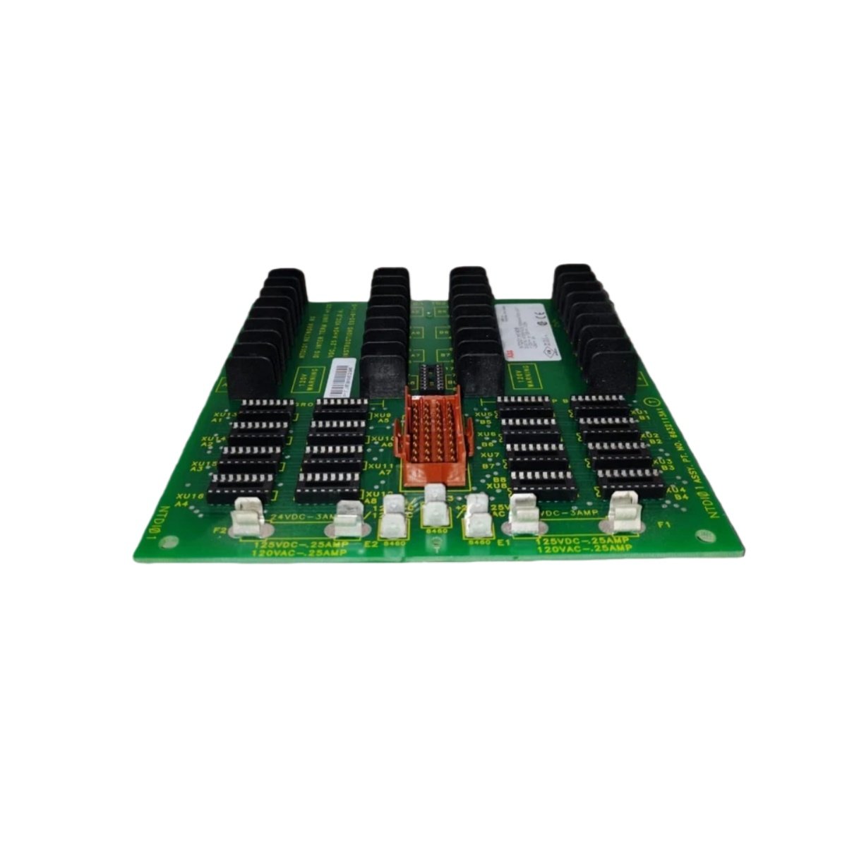 ABB NTDI01 Digital I/O Termination Unit with 32 screw-clamp channels, 2A fuse protection, 50-pin interface, and DIN-rail mounting for ABB control systems.