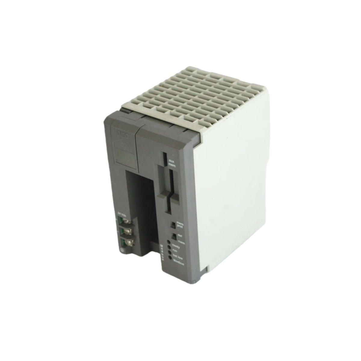 Schneider PCA984130 processor module features a 32-bit RISC CPU with 512KB flash and 256KB RAM. Supports 4096 I/O points with 0.18ms scan time and 470µF buffer.