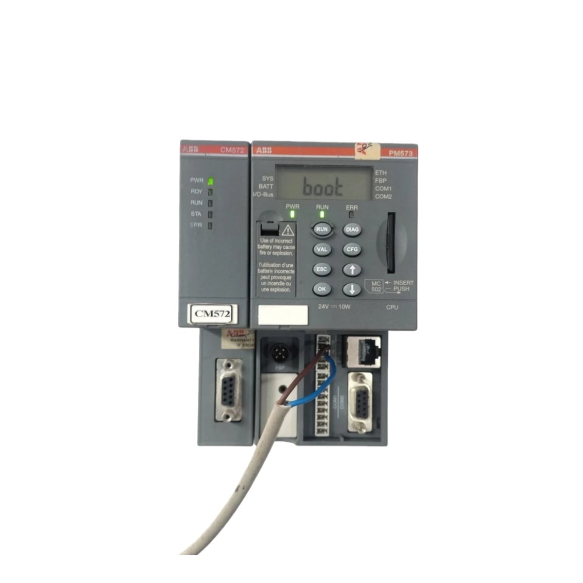 ABB PM573-ETH 1SAP130300R0271 AC500 processor module. 512kB memory, onboard Ethernet, 2x RS232/485, LCD display, 0.135kg, IEC 61131-3.