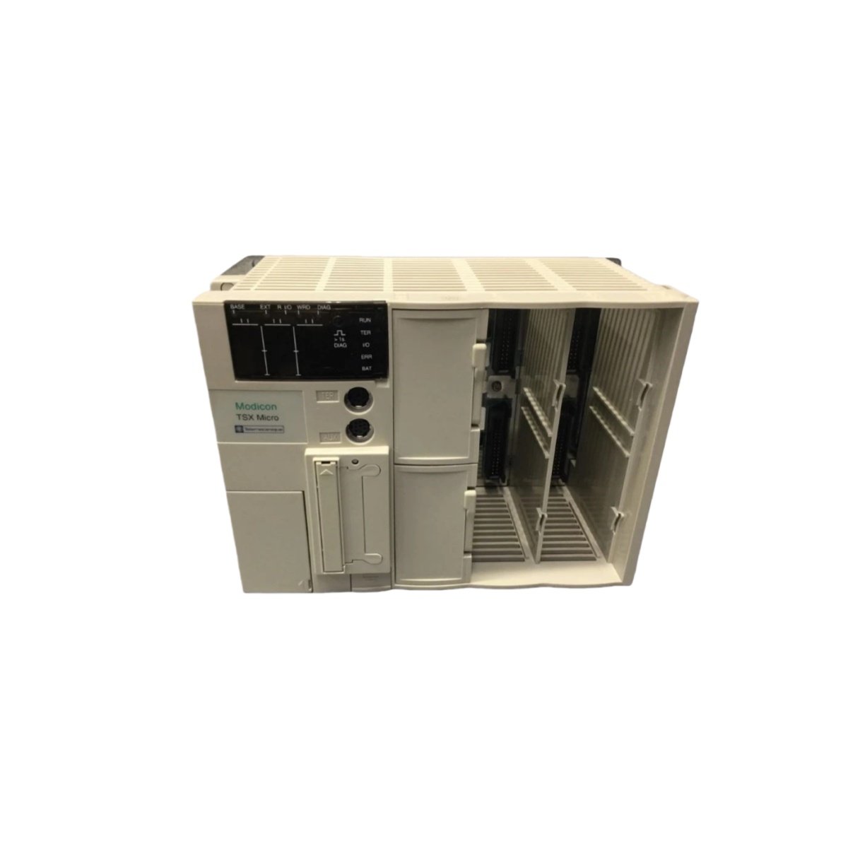 Schneider TSX3721100 modular base controller features a 16-bit CPU with 64KB flash and 32KB RAM. Supports 256 I/O points with 0.3ms execution speed and 15ms buffer.