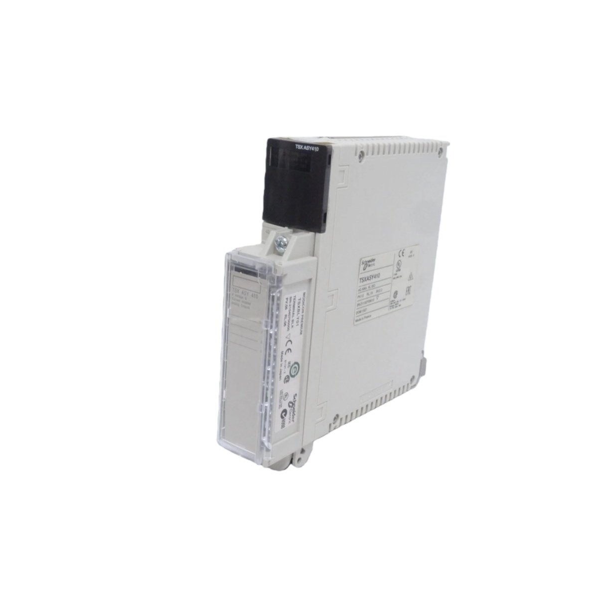 Schneider TSXASY410 analog output module with 4 configurable channels, 12-bit resolution, 4-20mA/0-10V outputs, and ±0.1% accuracy for Premium systems.