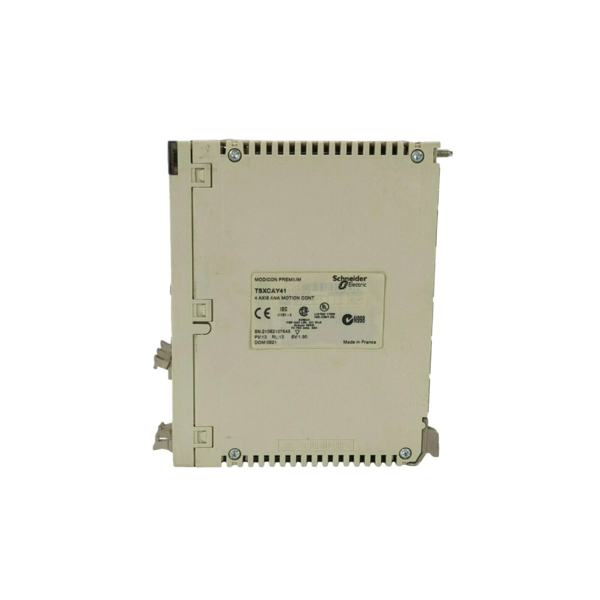Schneider TSXCAY41 motion control module supports 4 axes with interpolation and electronic cam. Features 470µF buffer, 500kHz output, and 32-bit resolution for precision control.