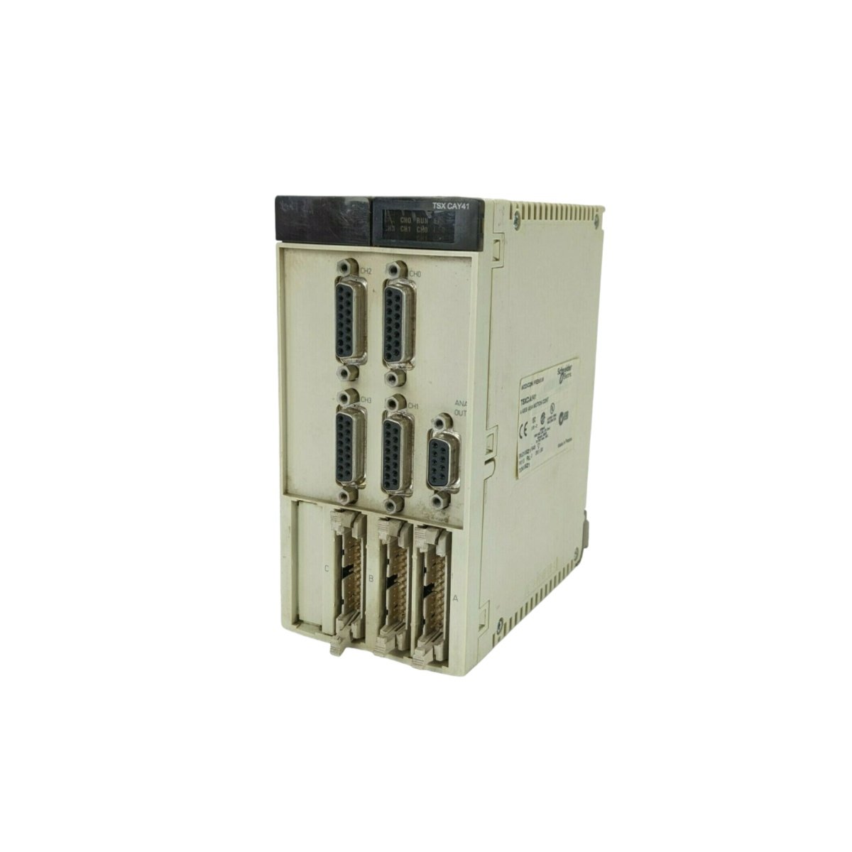 Schneider TSXCAY41 motion control module supports 4 axes with interpolation and electronic cam. Features 470µF buffer, 500kHz output, and 32-bit resolution for precision control.