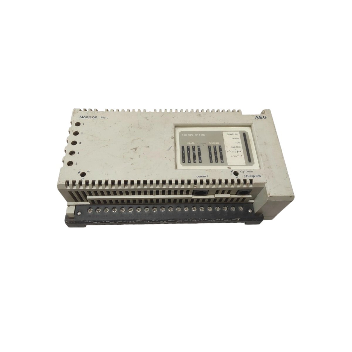 Schneider 110CPU31100 CPU module delivers 32 KB program memory, 2.0 ms cycle time, Modbus RTU communication, and 128 I/O capacity for Modicon Momentum M1E.