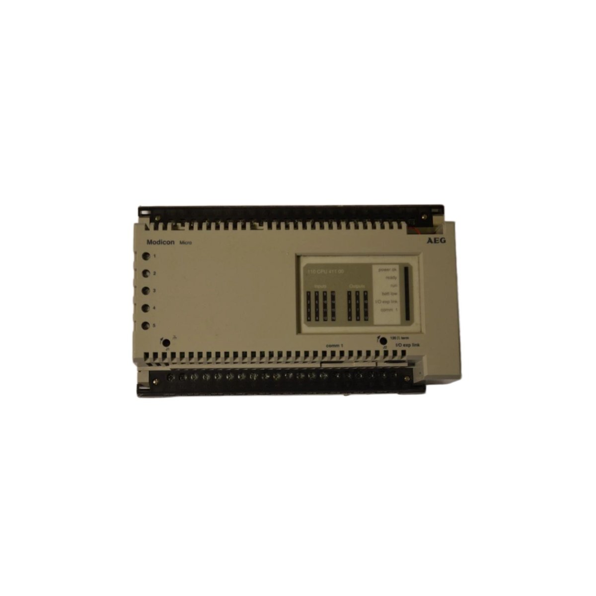 Schneider 110CPU41100 CPU PLC module for industrial automation. Review dimensions, weight, interfaces, memory backup, and mounting specs