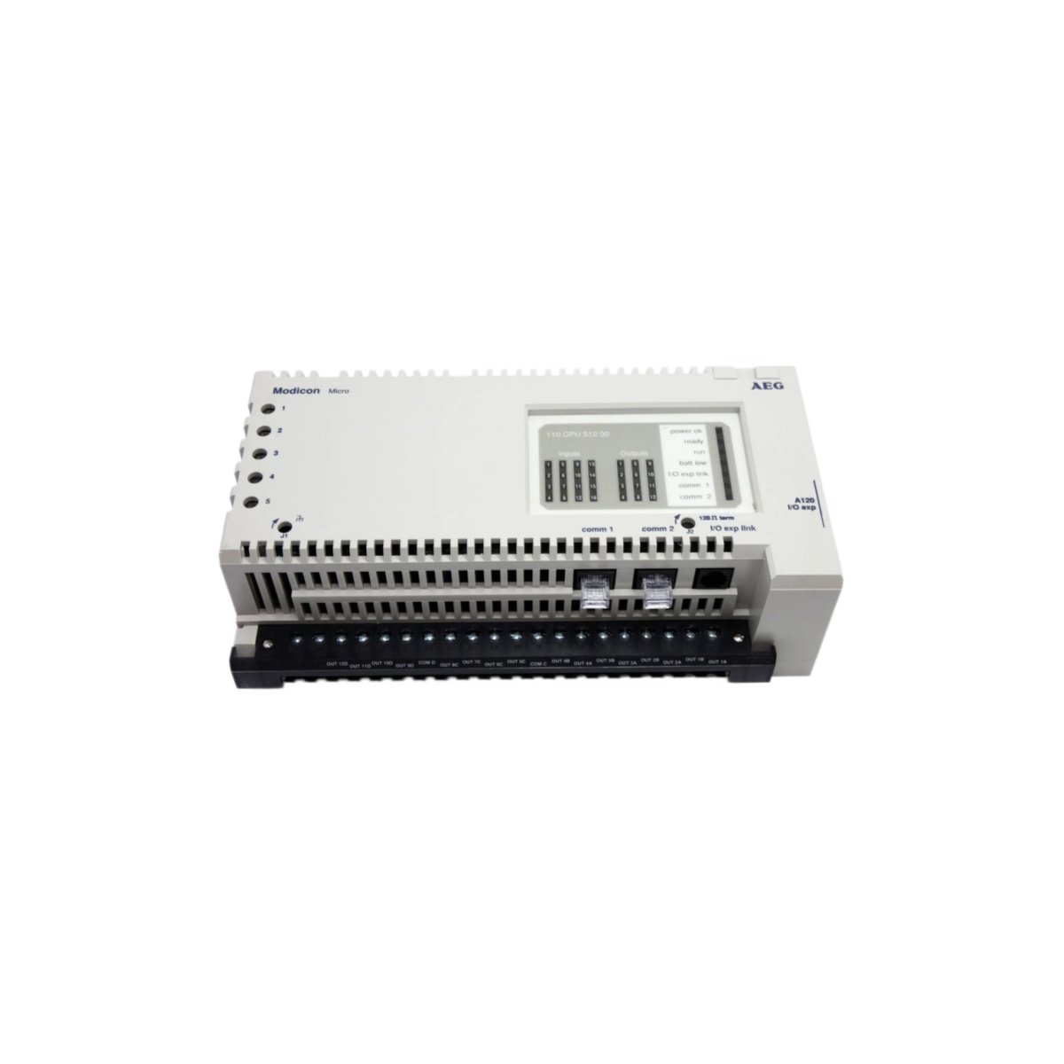 Schneider 110CPU51200 Modicon 984 microprocessor unit. 16 MHz CPU, 128 KB RAM, 16 DC inputs, 12 relay outputs, RS-232/RS-485. Compact controller specs.