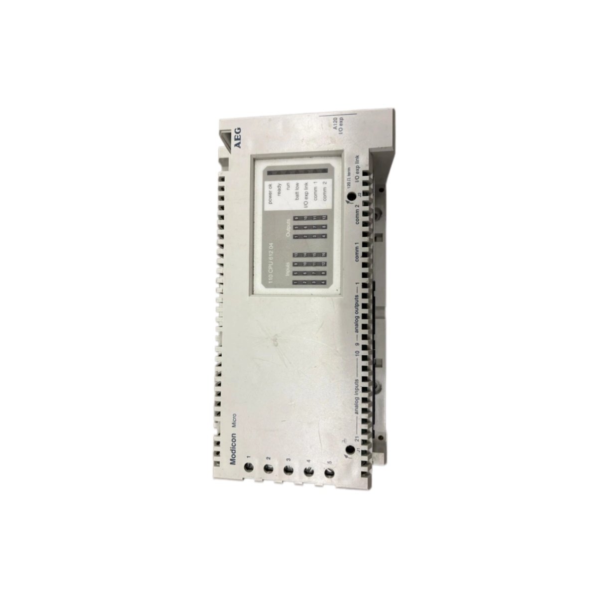 Schneider 110CPU61204 CPU module offers serial and fieldbus ports, 220 µF backup capacitor, and DIN-rail mounting. View full specs and dimensions here.