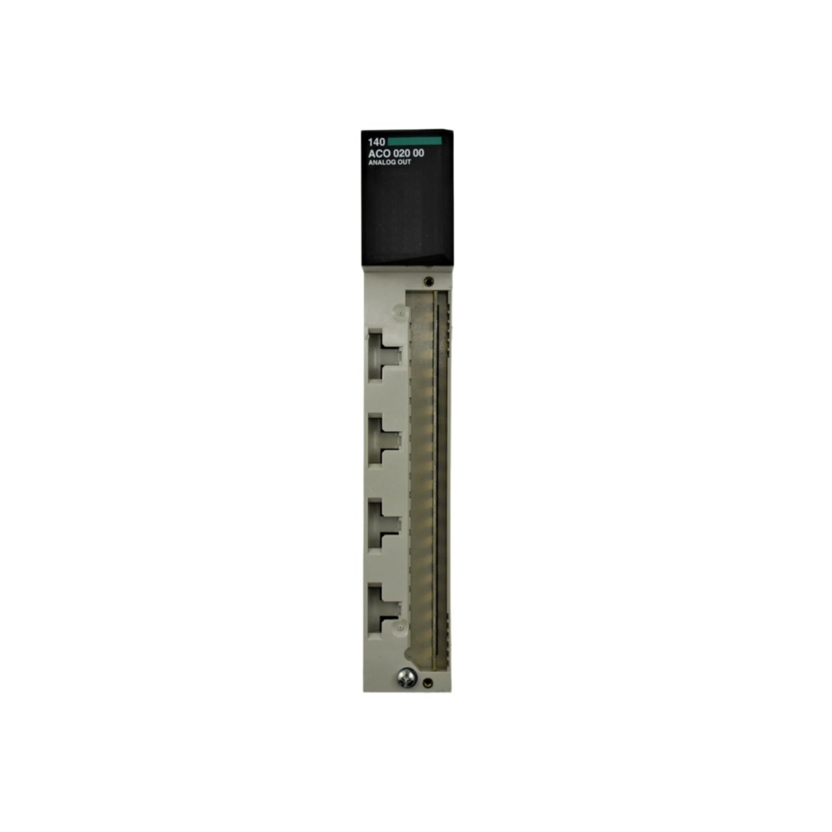 Schneider 140 ACO 020 00 analog output module provides 4 isolated channels, 12-bit resolution, 4-20 mA output, and diagnostics for Modicon Quantum