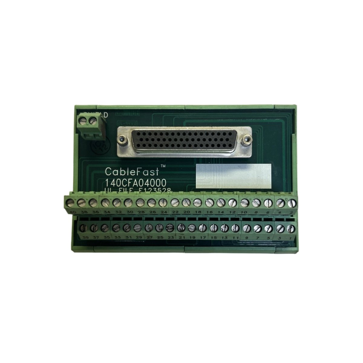 Schneider 140CFA04000 universal wiring block: 40 terminals, screw clamp, 30 VAC/42 VDC, 2 A per point, 200x45x85 mm, 0.38 kg, Quantum compatible.