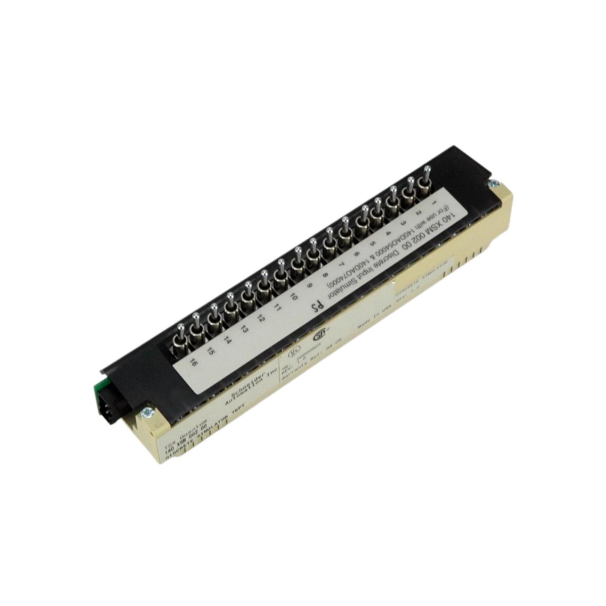 Schneider 140XSM40020 analog simulator module generates voltage and current test signals for PLC loops. View full dimensions, weight