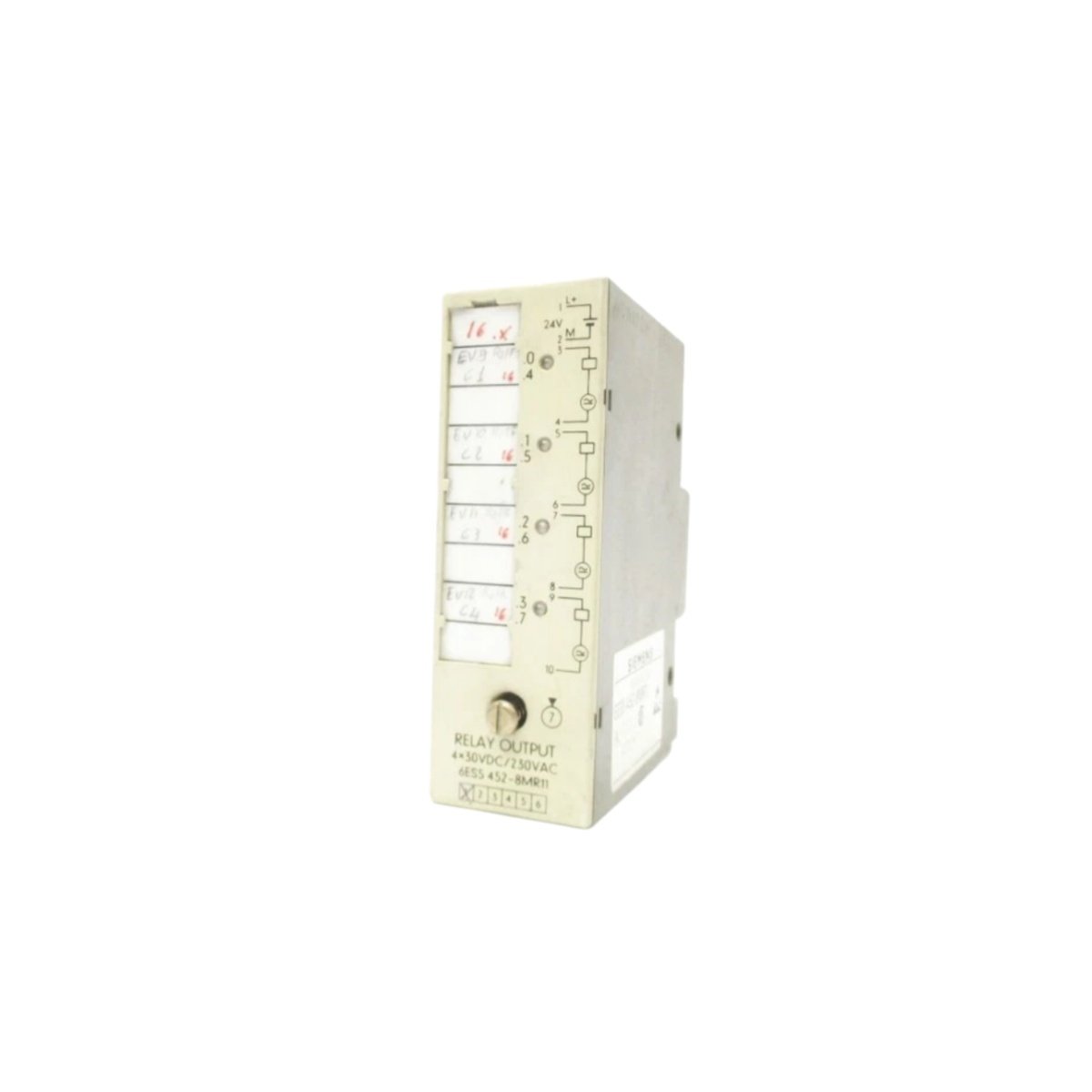 Siemens 6ES5452-8MR11 SIMATIC S5 digital relay output module. 4 channels, 30V DC/230V AC switching, 5A resistive rating, galvanic isolation