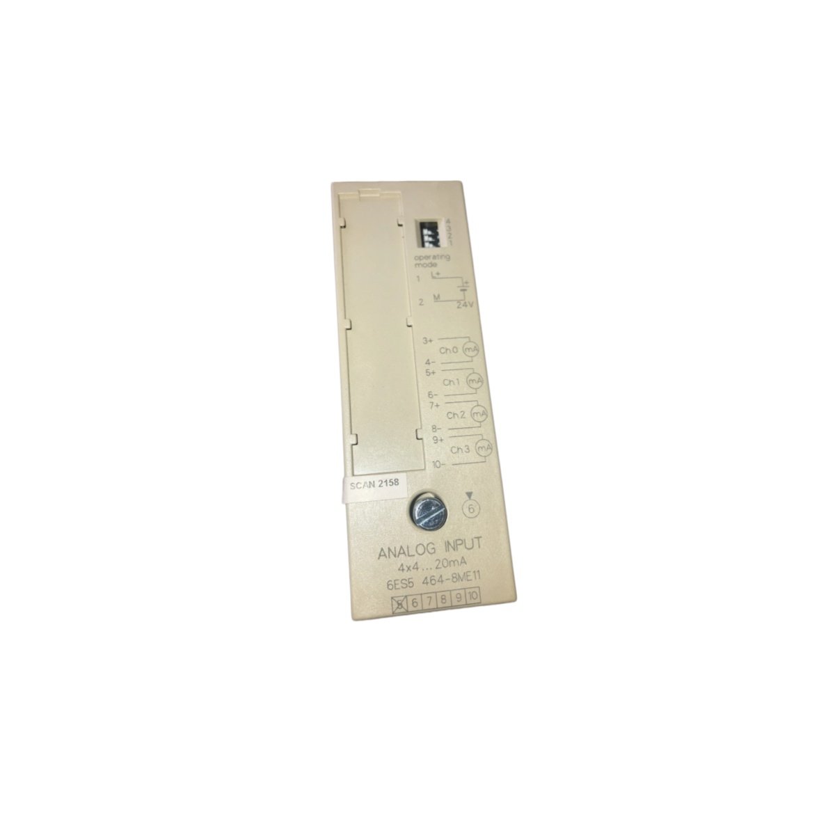 Siemens 6ES5464-8ME11 analog input module delivers 8 channels, 12-bit resolution, and 220 µF filtering. View full dimensions, weight