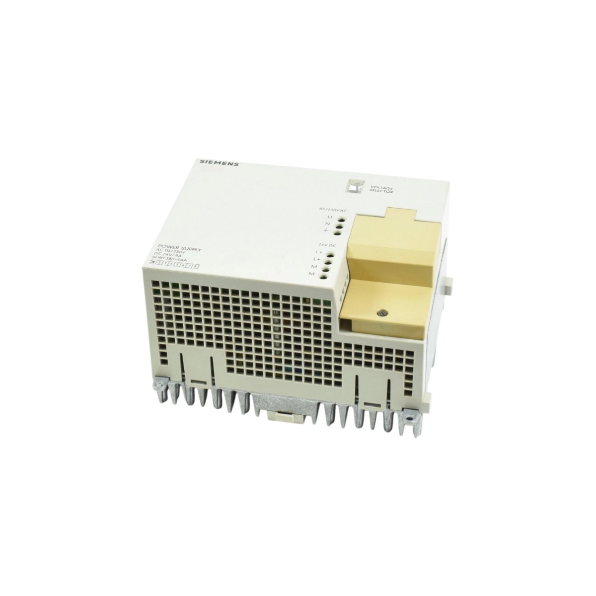 Siemens 6EW1380-4AA SIMATIC S5 Power Supply delivers 5 V DC at 20 A, 136 W total, with over-voltage protection and S5 rack compatibility