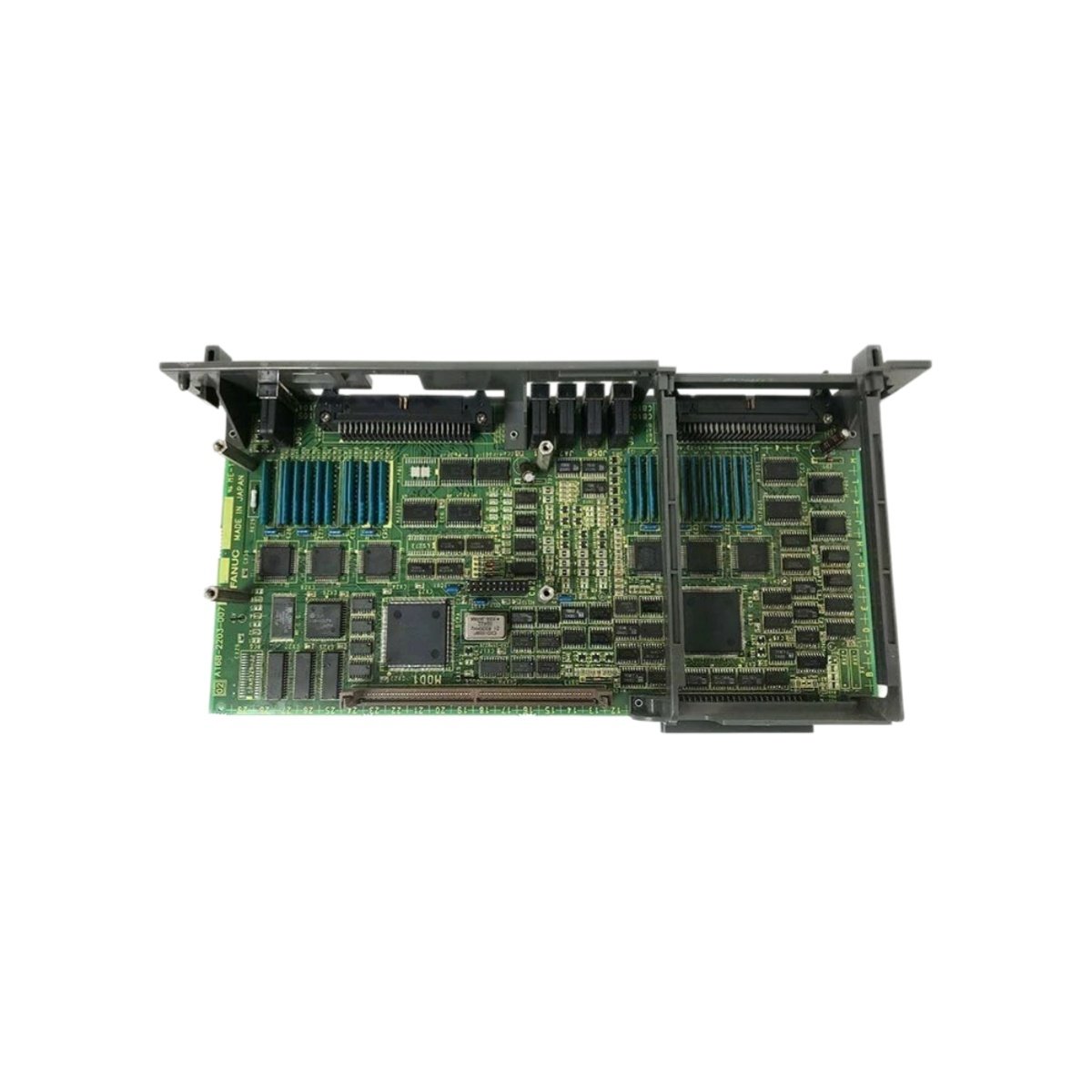 GE A16B-2203-0073/02A circuit board: multi-layer PCB, 138 active components, axis control, backplane and ribbon interfaces, 300x200x25 mm, 0.68 kg.