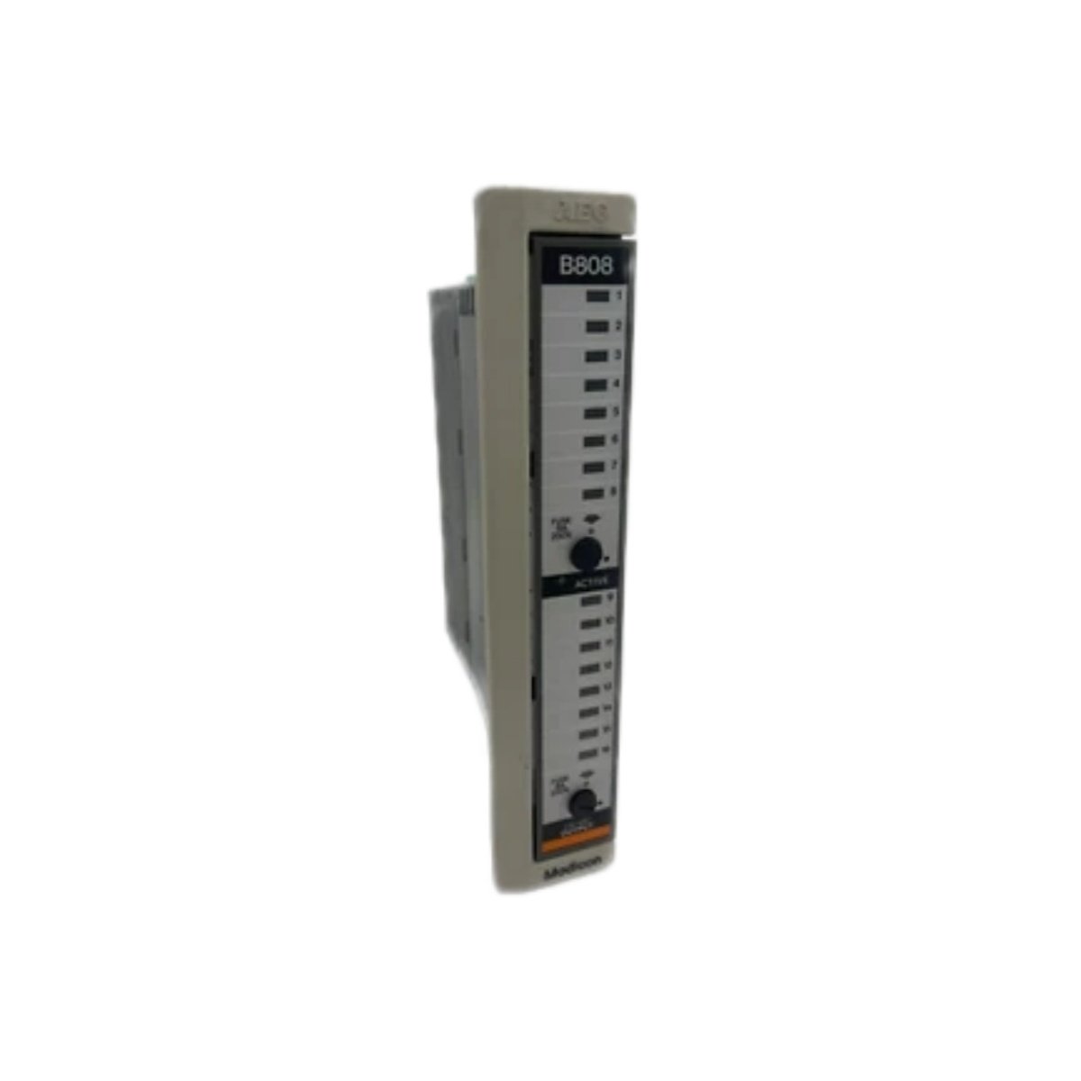Schneider ASB808016 discrete output module features 16 points, 230 VAC, 2A per point, 50A surge, and triac output for Modicon 800 Series PLC systems.