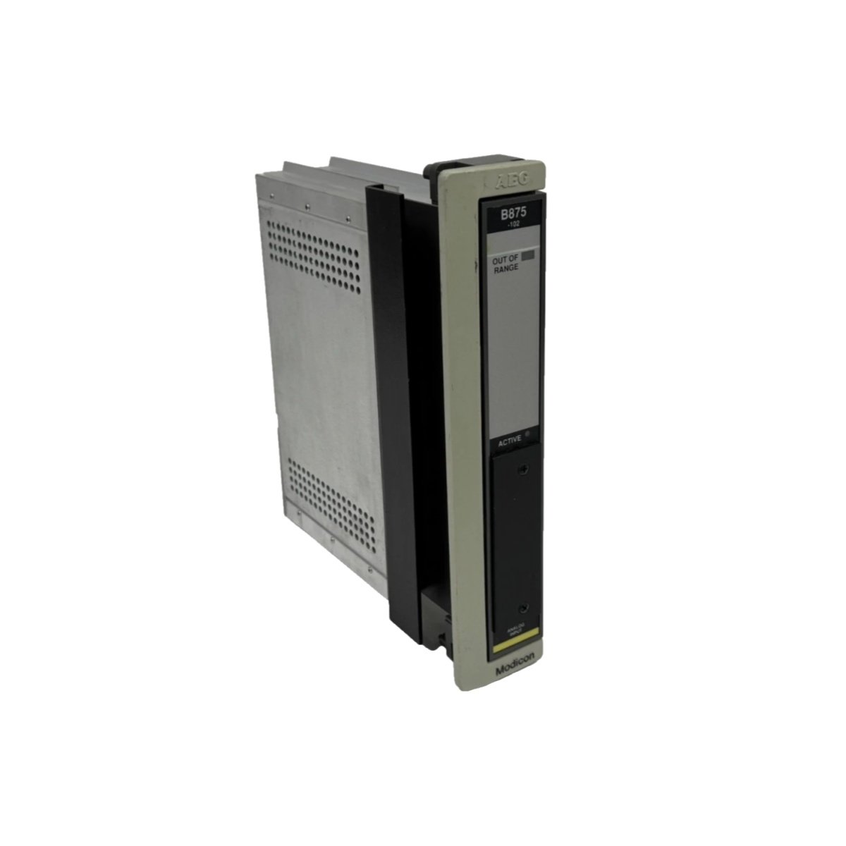 Schneider ASB875102 Modicon 800 Series high-speed analog input module. 8 points, 12-bit, 0-10V/4-20mA ranges, 1.36kg, 984 PLC compatible.