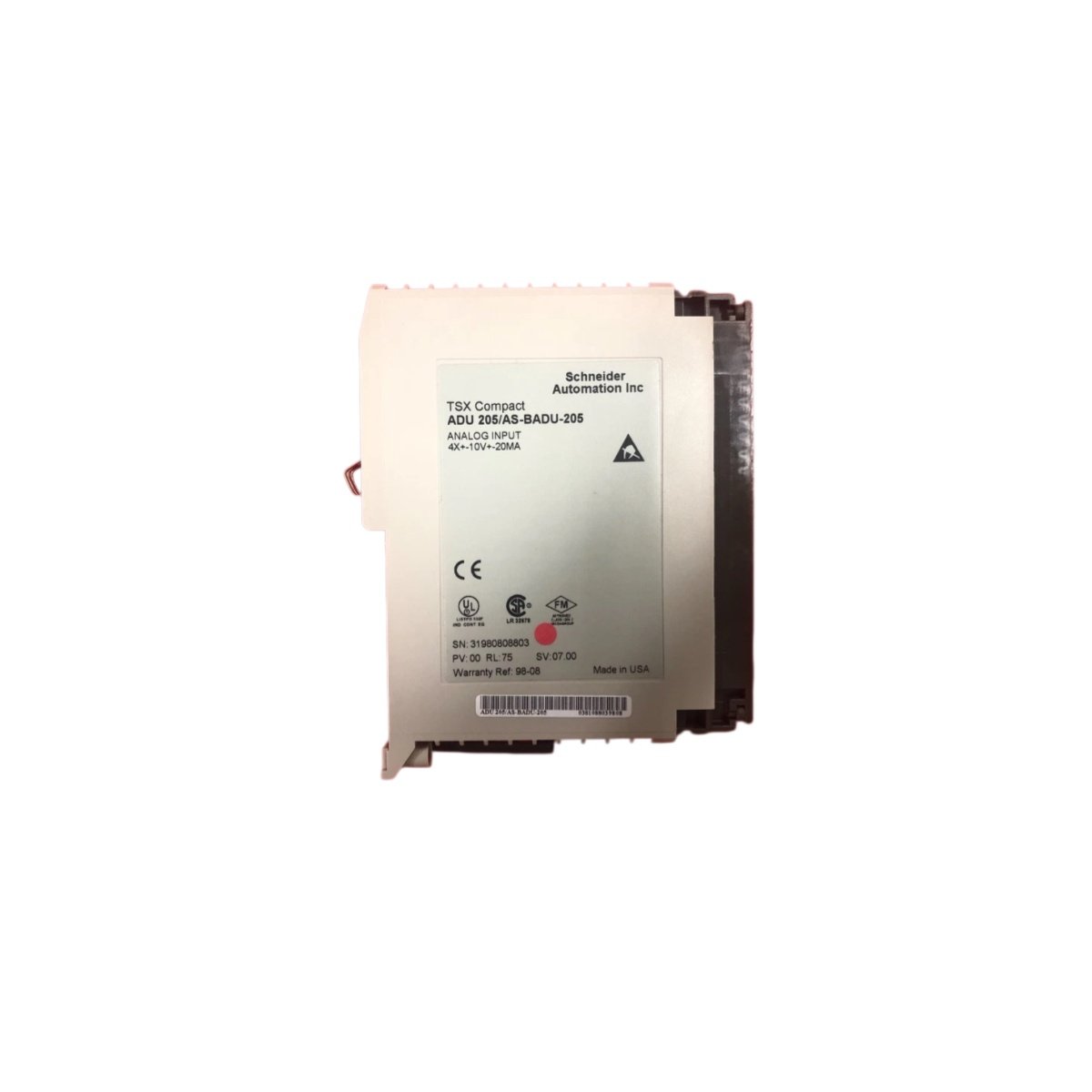 Schneider ASBADU205 analog input module provides 4 channels with 16-bit resolution, supports 0–10 V and 4–20 mA signals, 10 ms conversion