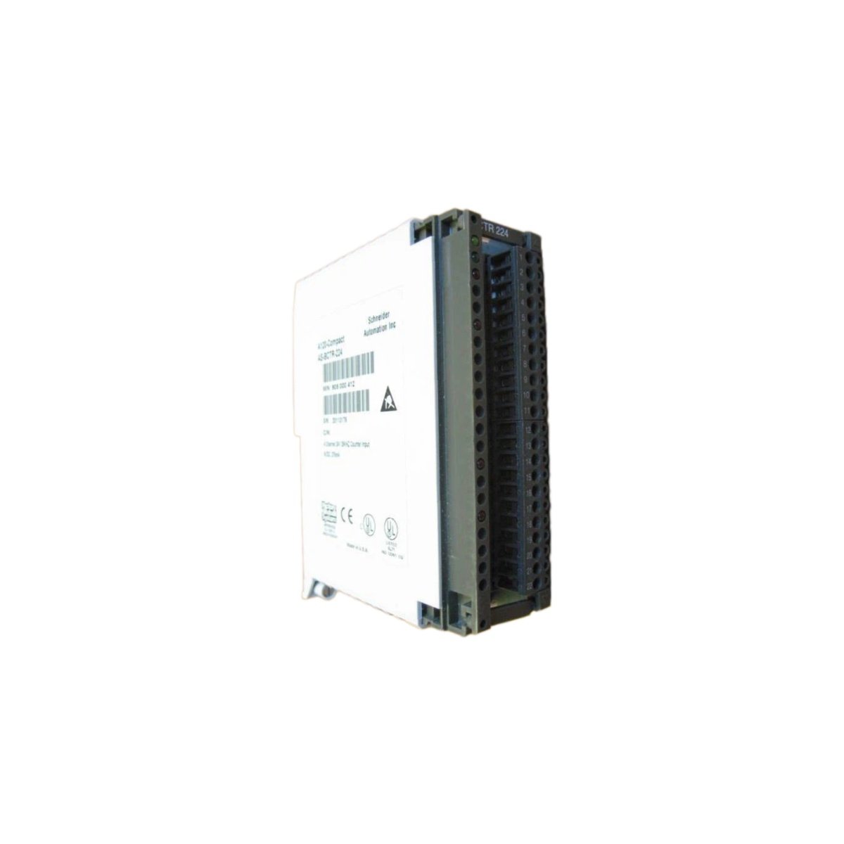Schneider ASBCTR224 counter input module offers 2 channels at 200 kHz each, 32-bit counting, quadrature mode, and 500 V isolation.
